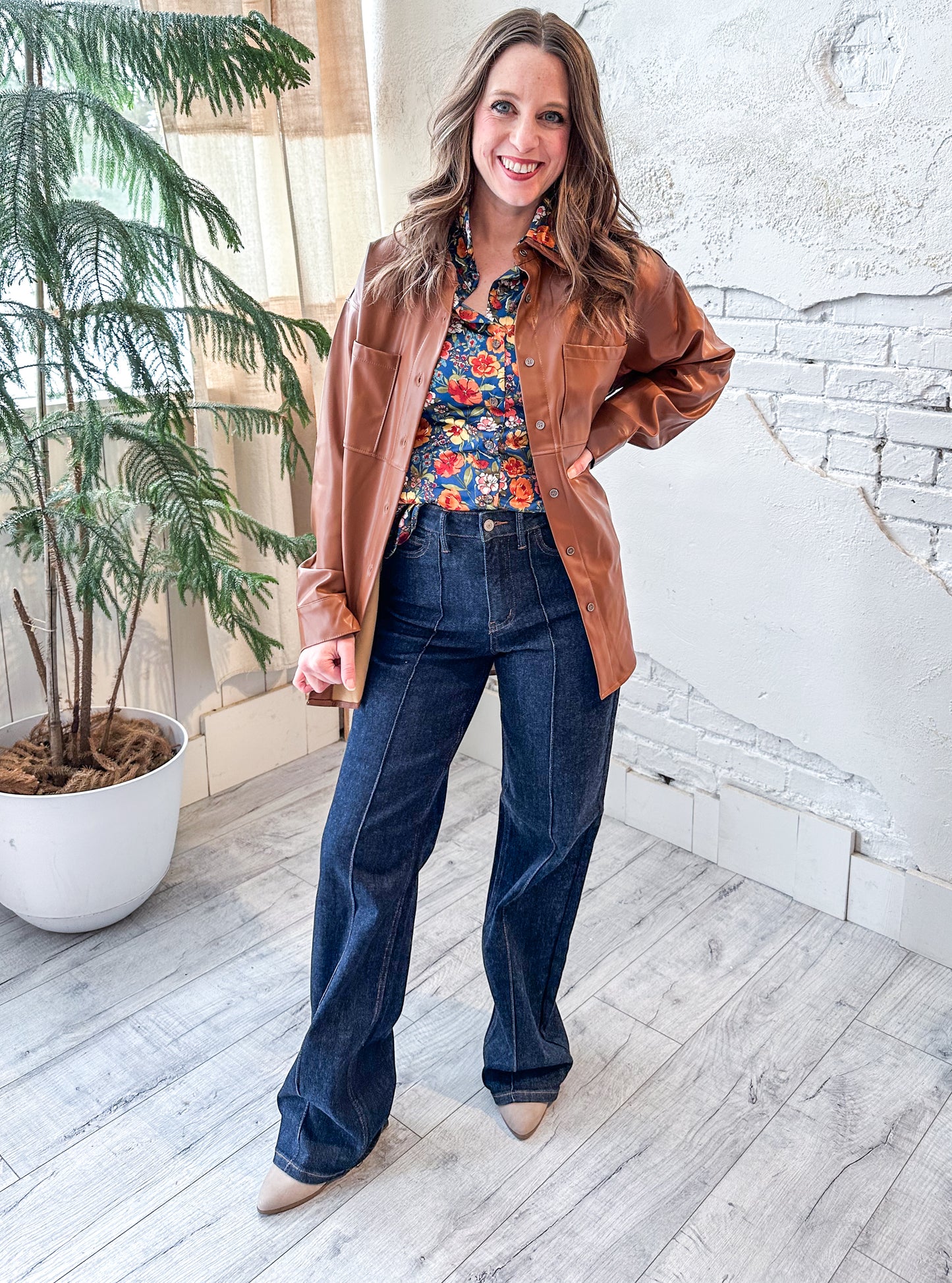 Faux Leather Button Down in Rich Cognac