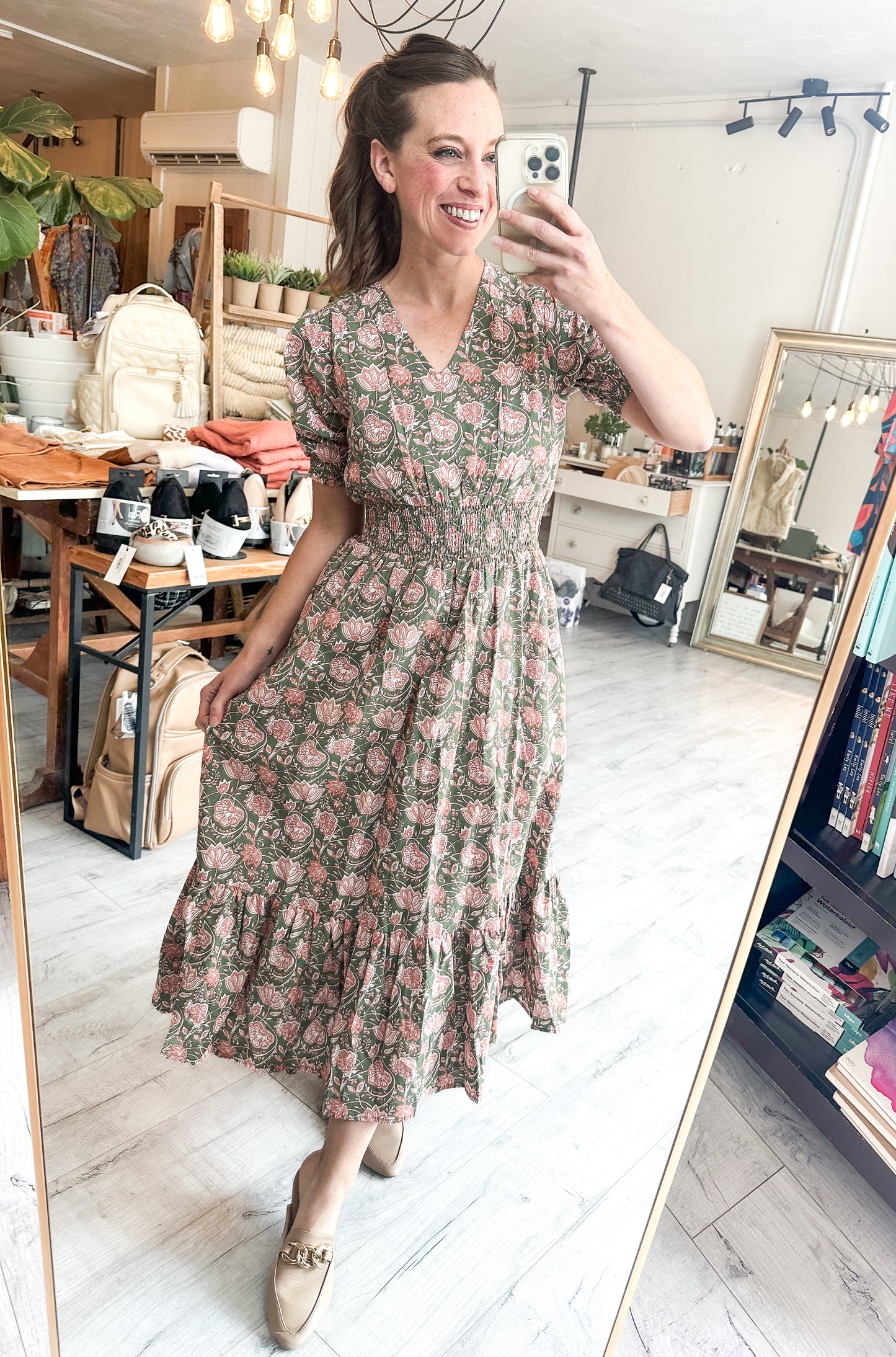 Violet Midi Dress in Green & Pink
