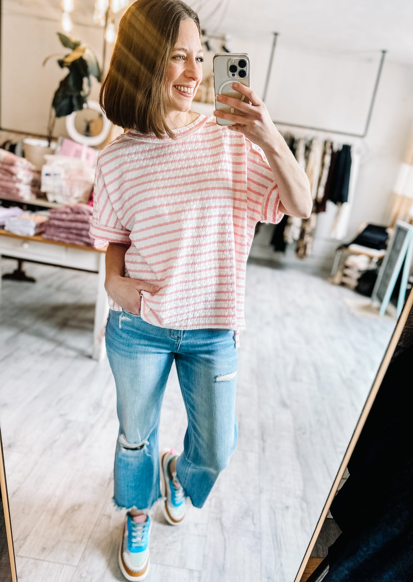Stripe Jacquard Crew Tee in Pink & White