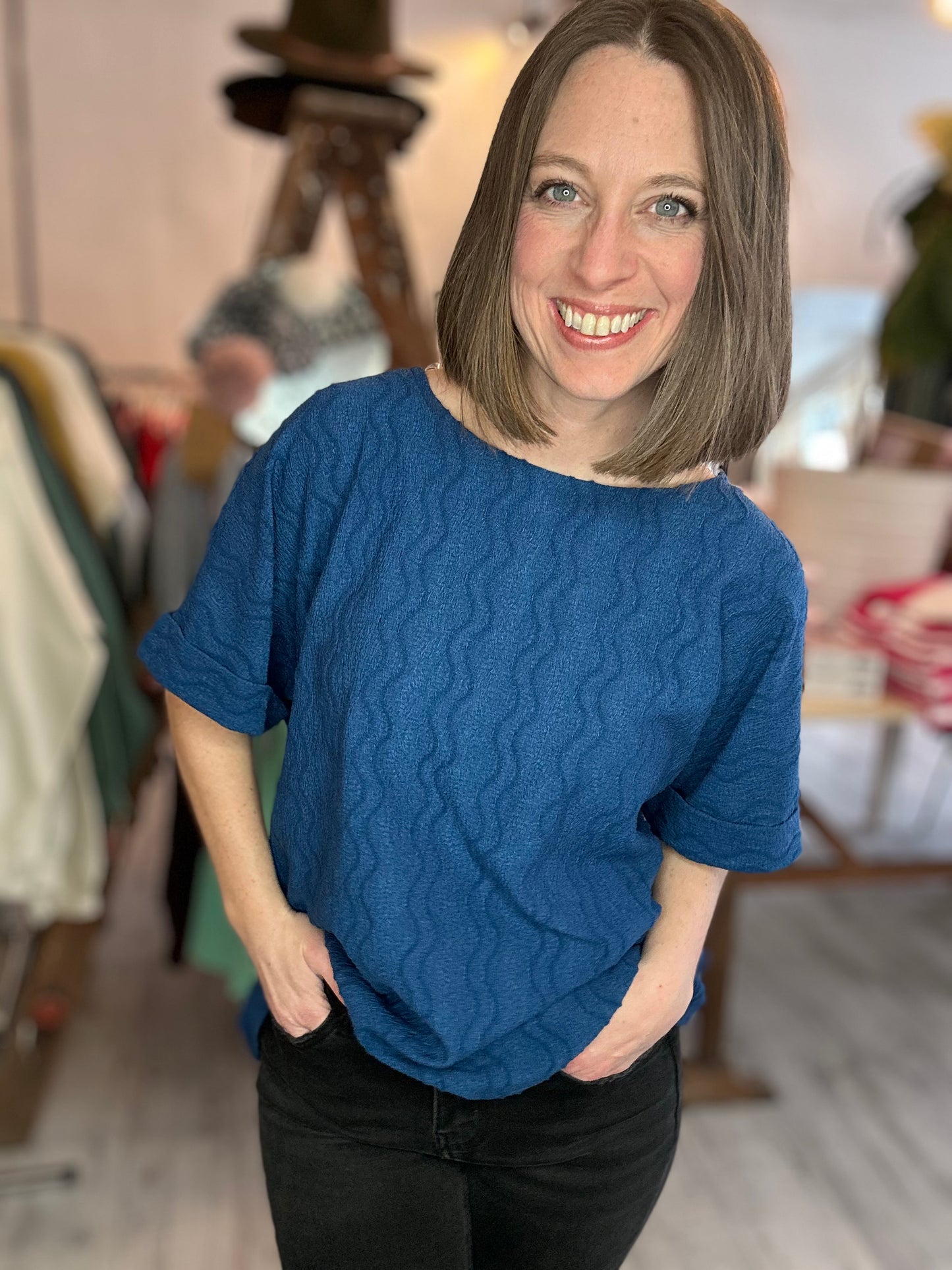 Textured Dolman Sleeve Top in Navy