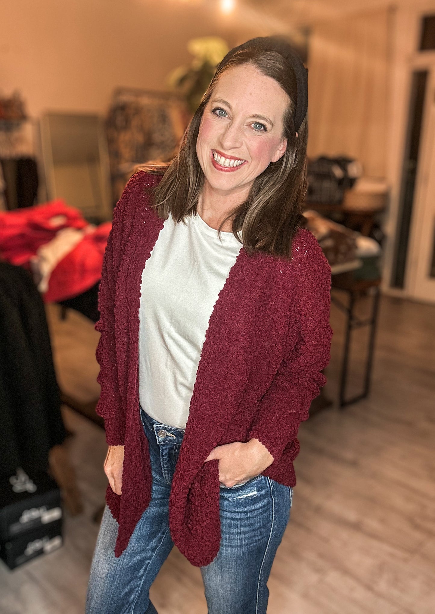 Long Sleeve Popcorn Sweater Cardigan in Cabernet