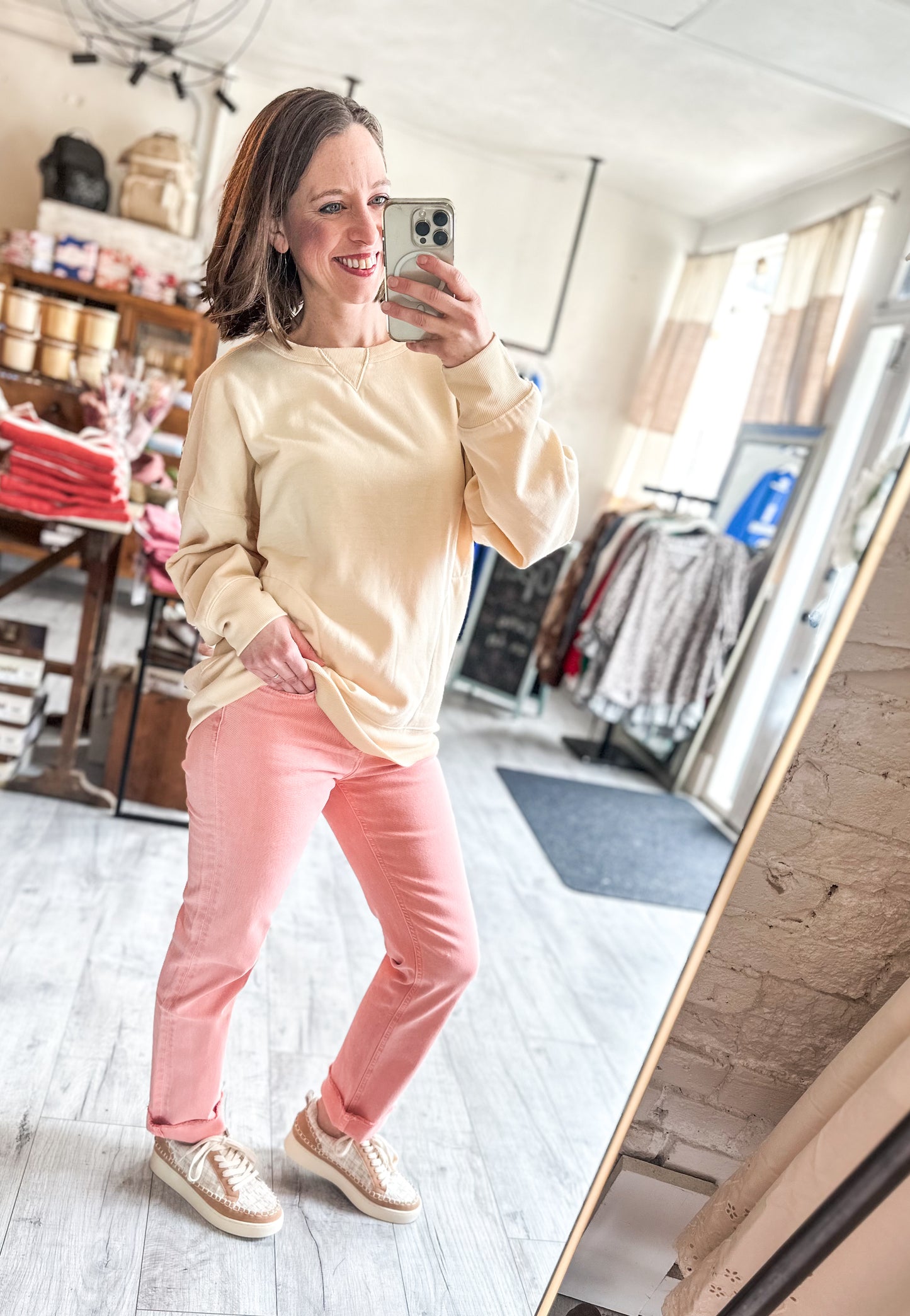High Rise Vintage Garment Dyed Straight Denim in Peachy Pink by MICA