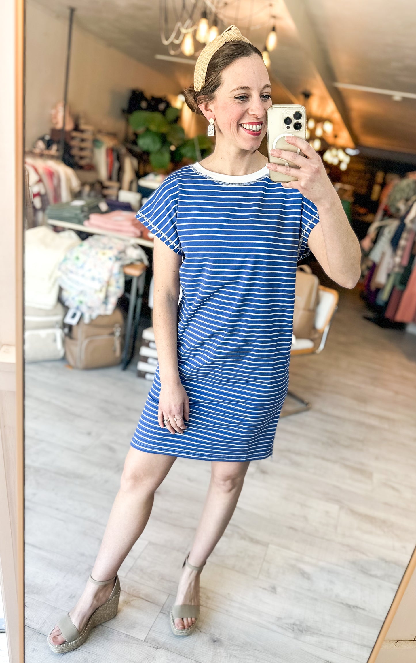 High Low Side Slit Striped T-Shirt Dress in Royal Blue