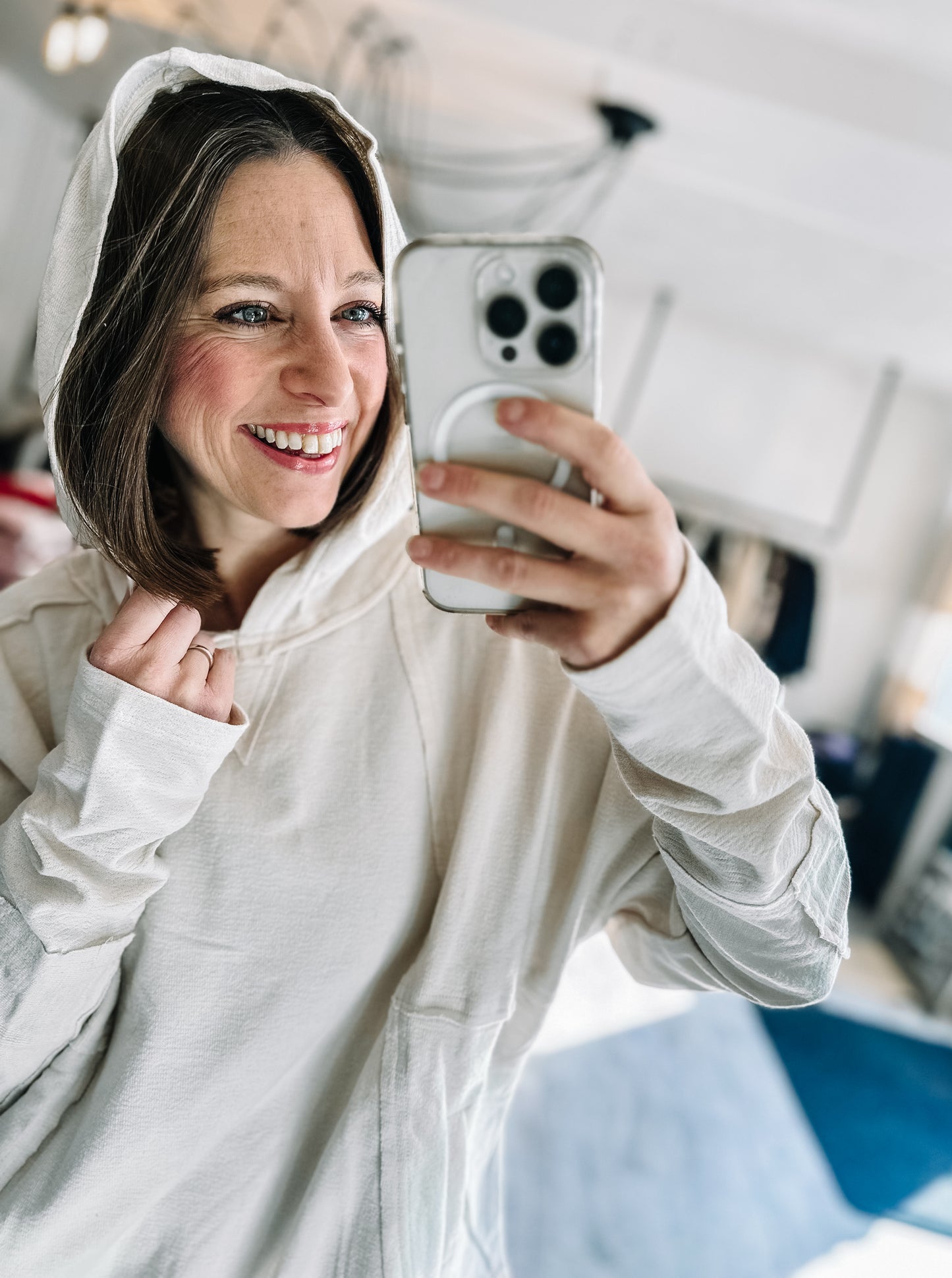 Raw Edge Cute Detail Hoodie Knit Top in Oatmeal