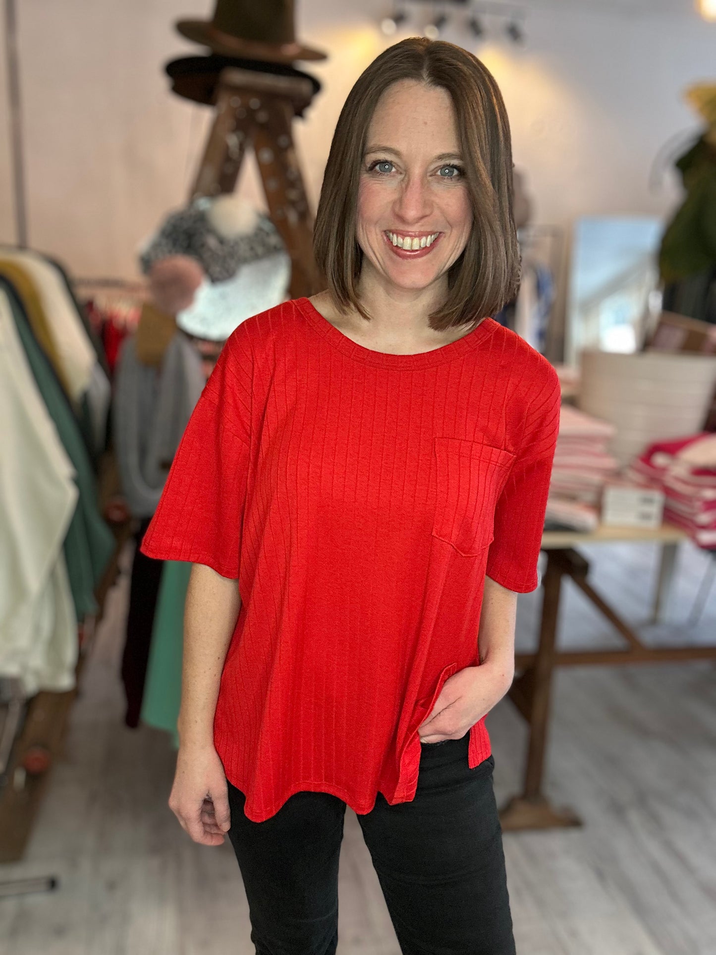 Ribbed Boyfriend Style Oversized Top in Ruby Red