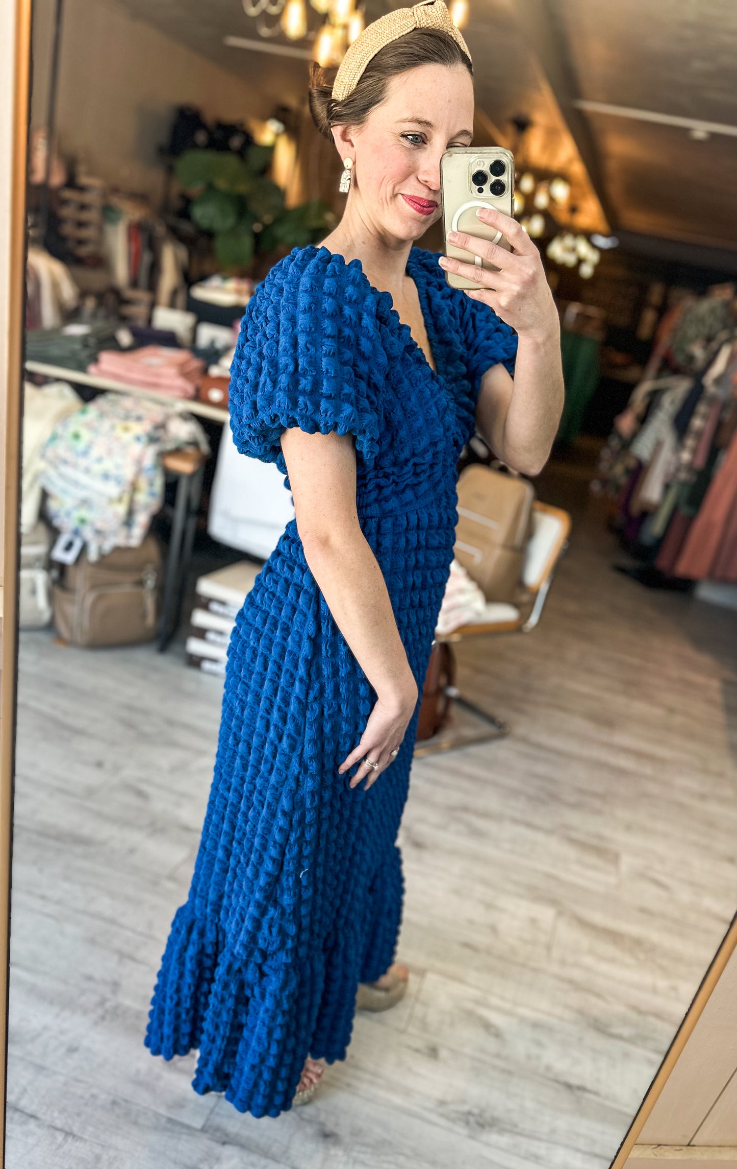Whimsy Textured Short Sleeve V-Neck Midi Length Dress in Sapphire