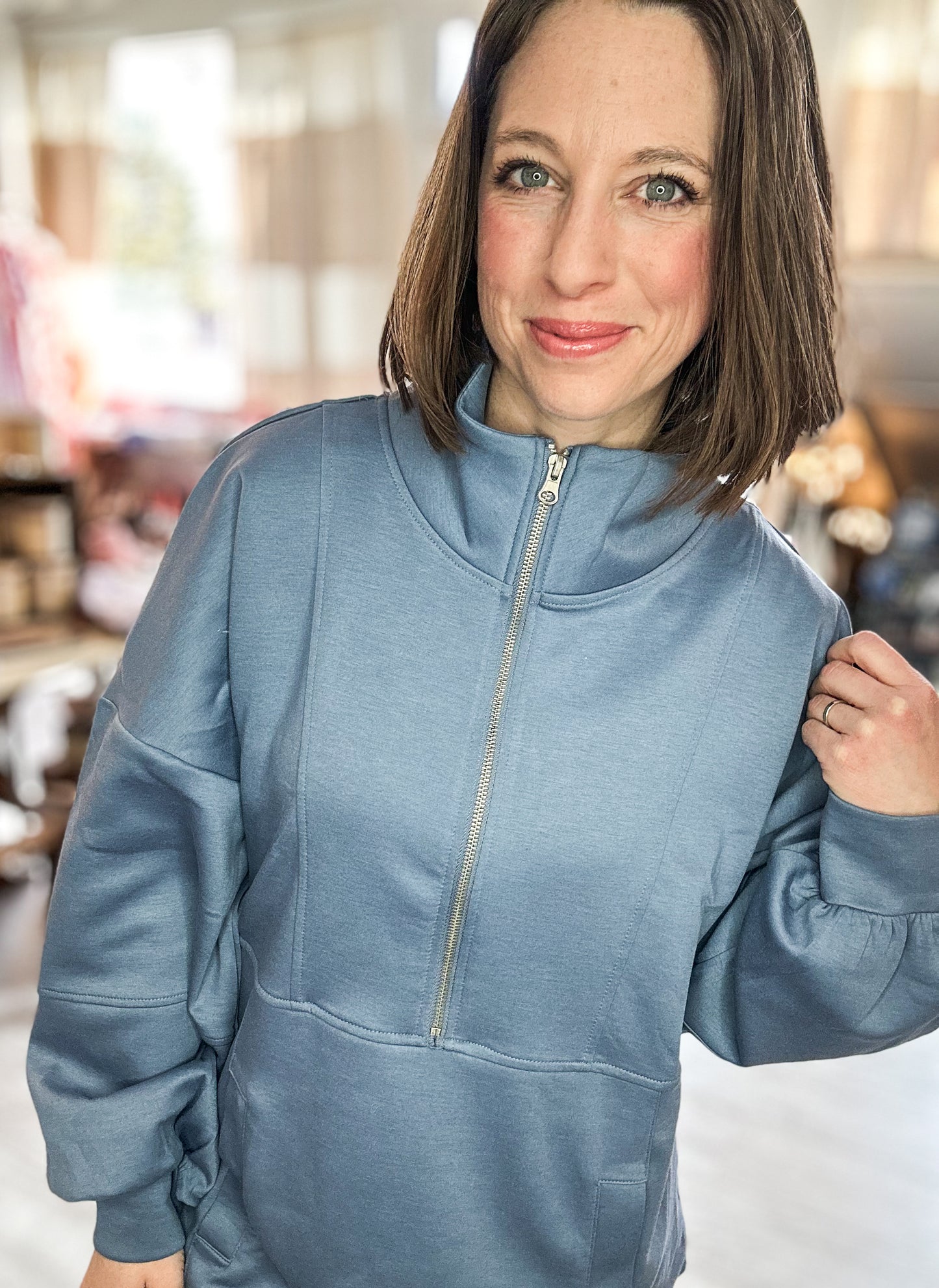 Half Zip UP Oversized Casual Comfy Knit Top in Denim Blue