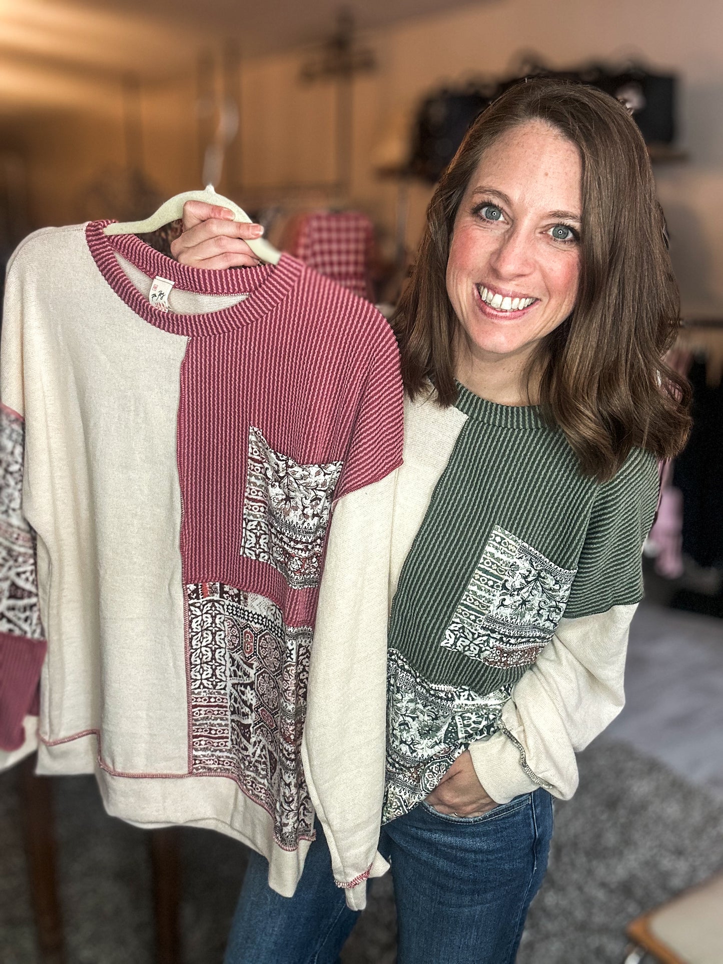 Patchwork Knit Long Sleeve Pullover Top in Burgundy or Olive