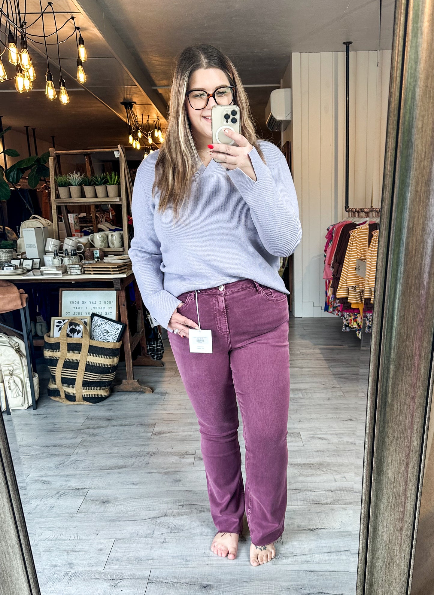 Mid Rise Raw Hem Bootcut in Sangria