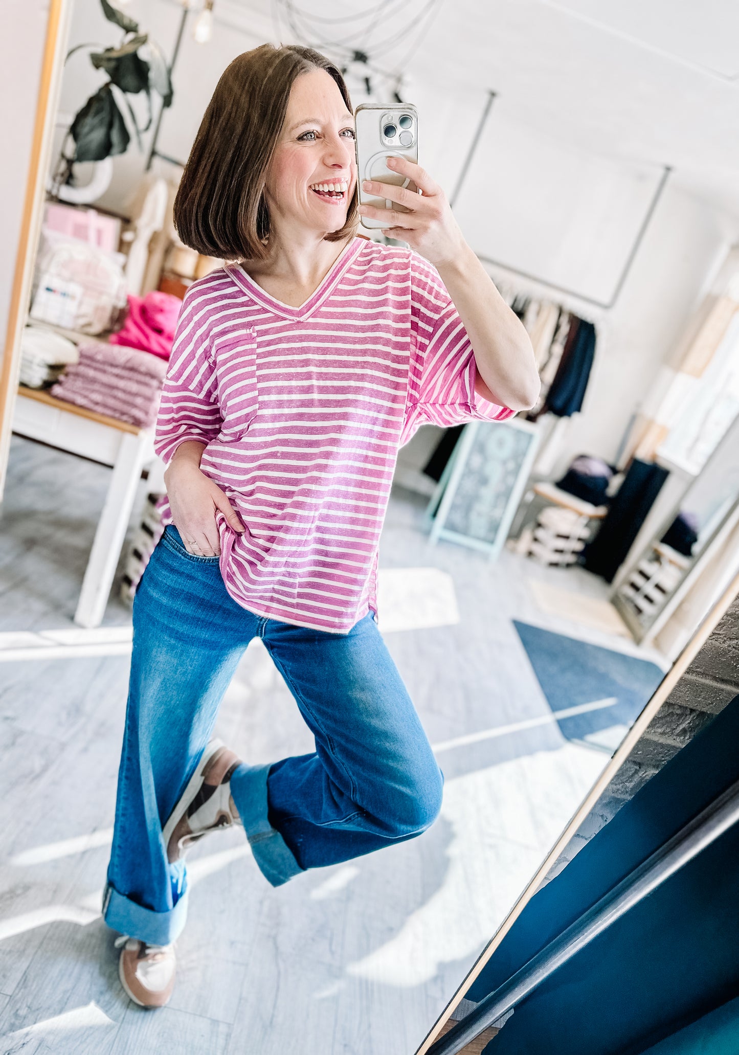 Oversized Stripe Casual V-Neck Knit Top in Orchid