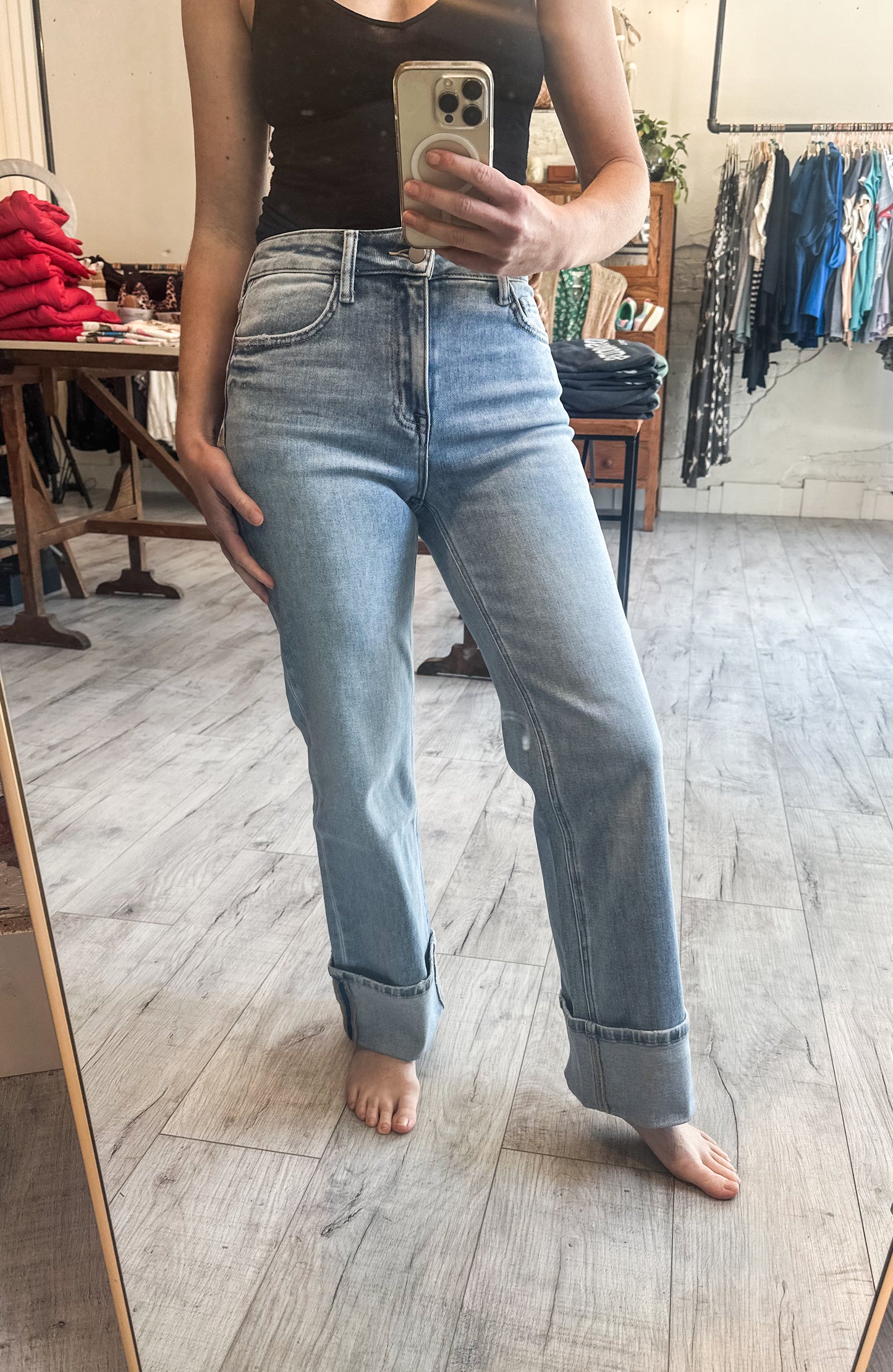 High Rise Medium Light Wash Cuffed Slim Wide Leg by Flying Monkey