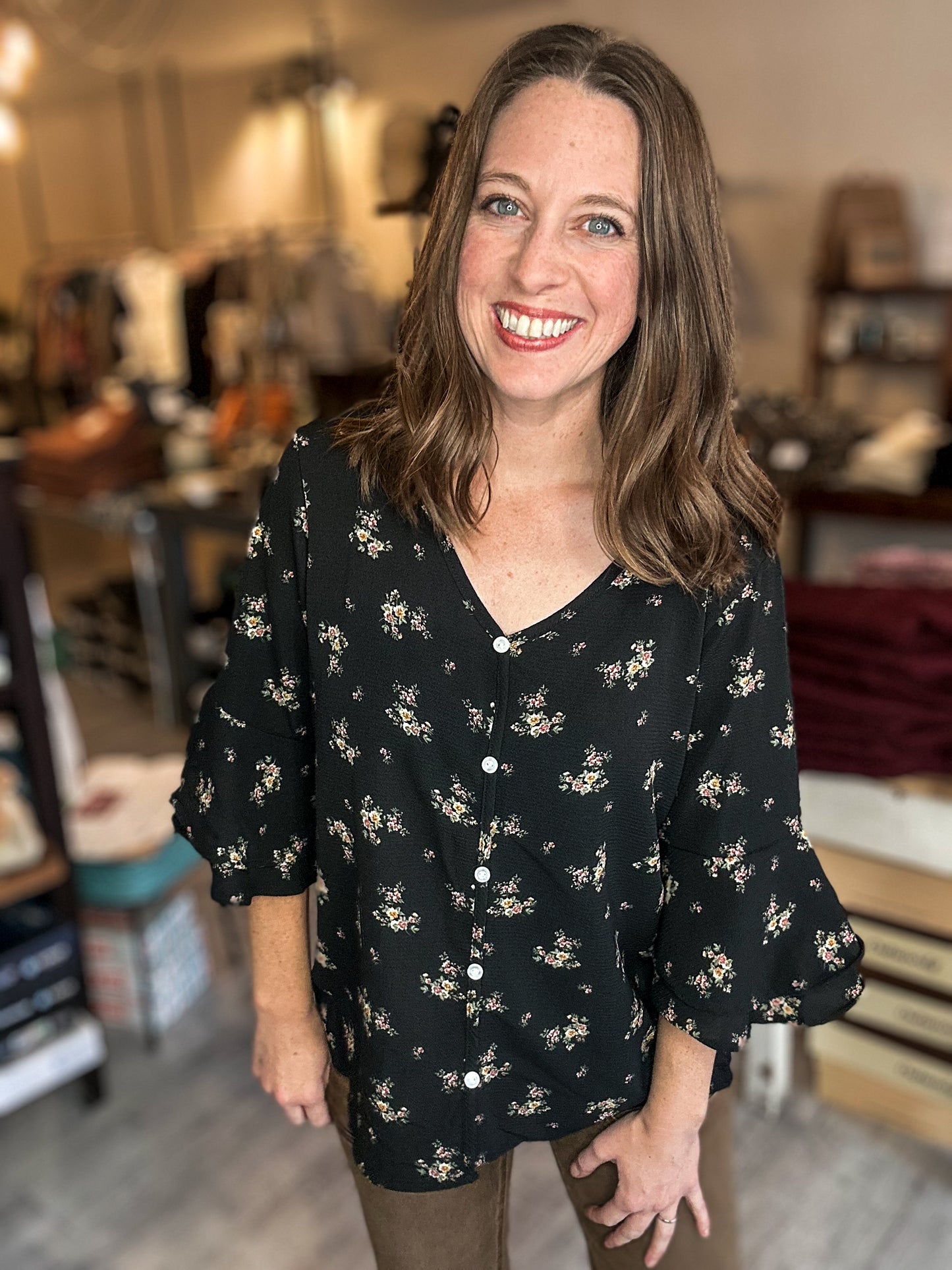 Floral Button Top in Black