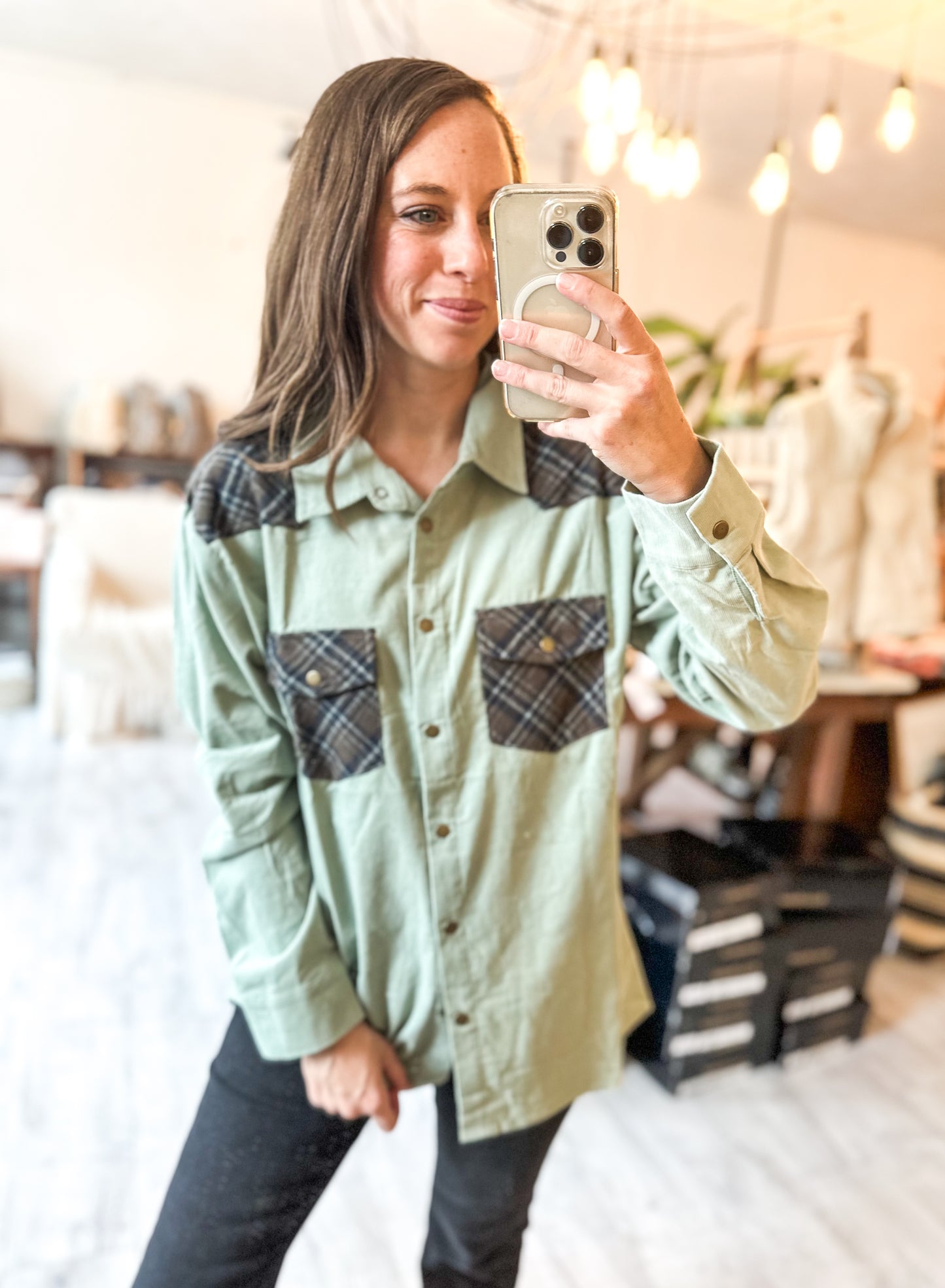 Corduroy Plaid Snap Western Top in Sage