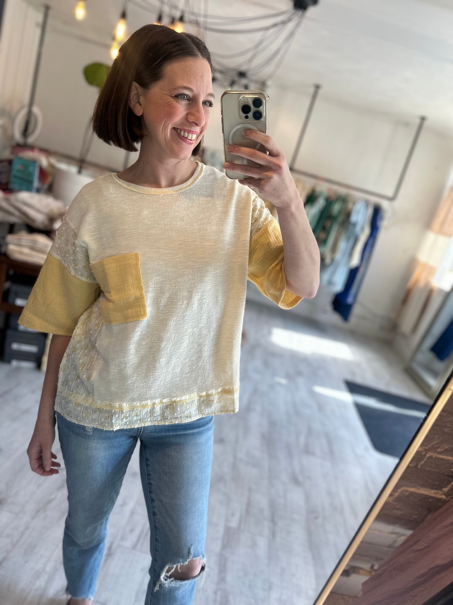 Oversized Mixed Media Knit Top in Light Lemon