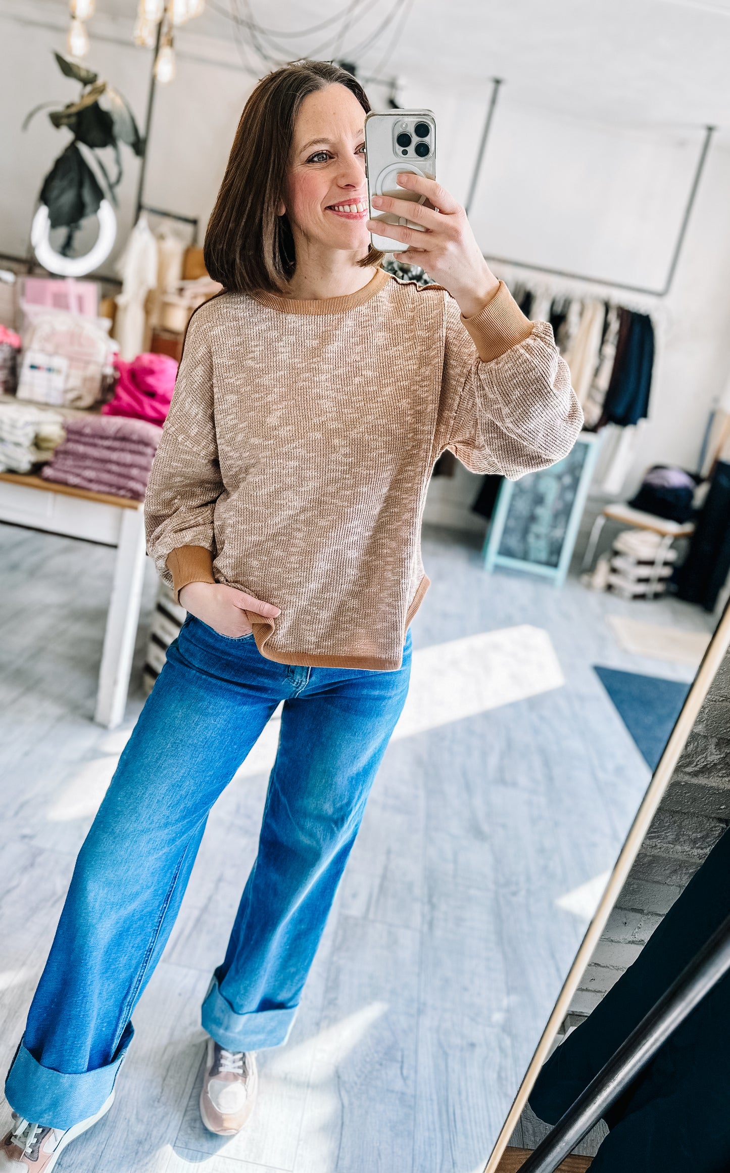 Oversized Printed Knit Casual Top in Mixed Mocha