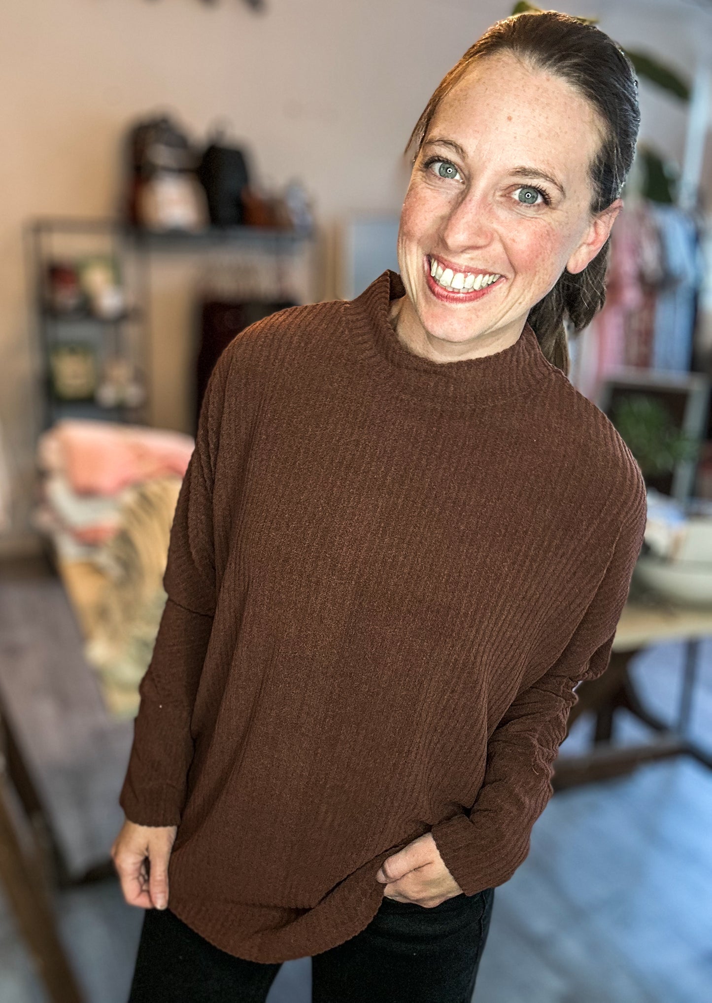 Cozy Women's Rib Top in Chestnut Brown
