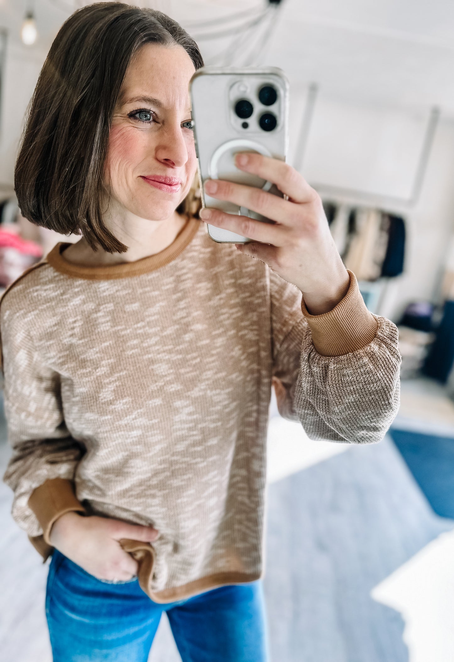 Oversized Printed Knit Casual Top in Mixed Mocha