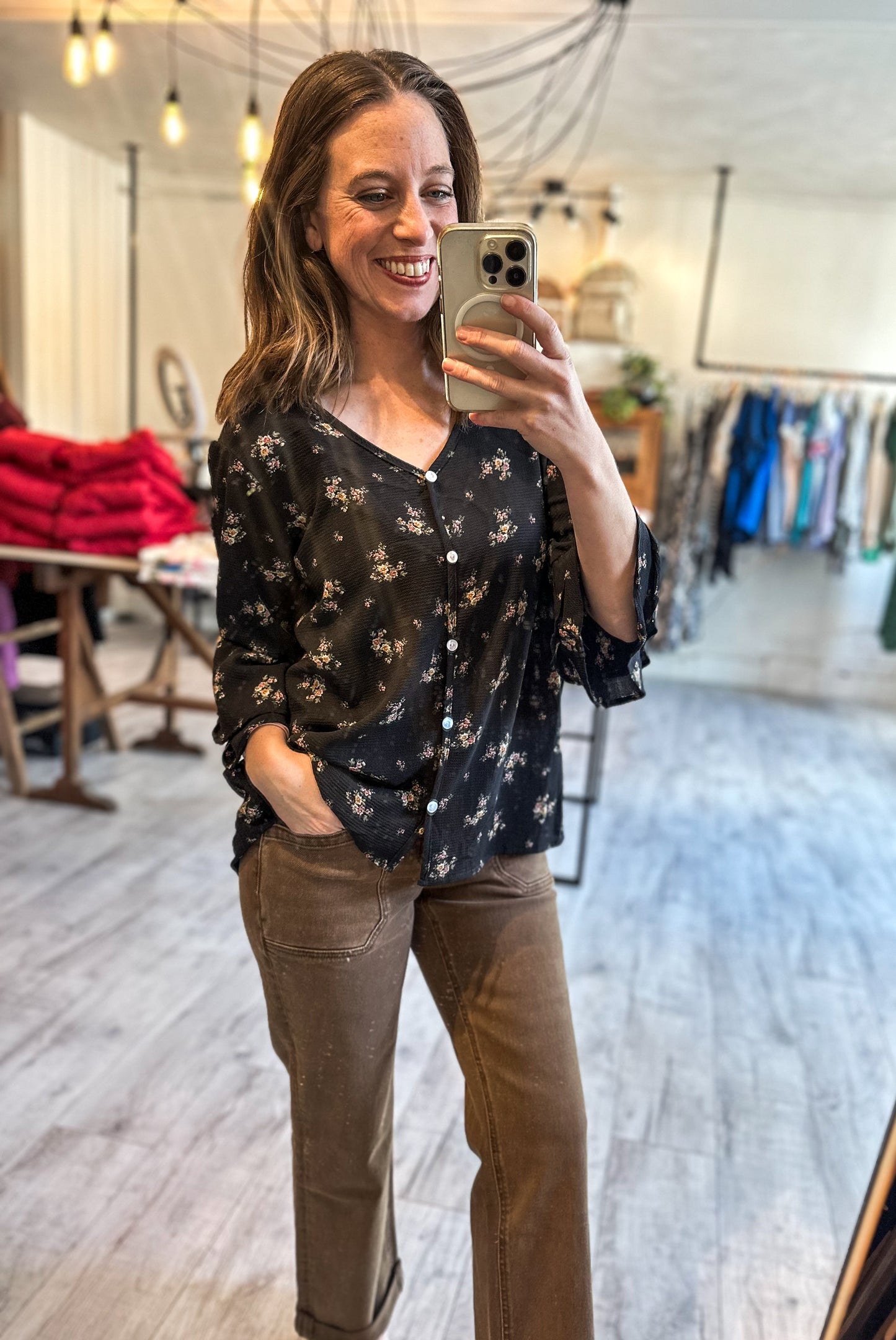 Floral Button Top in Black