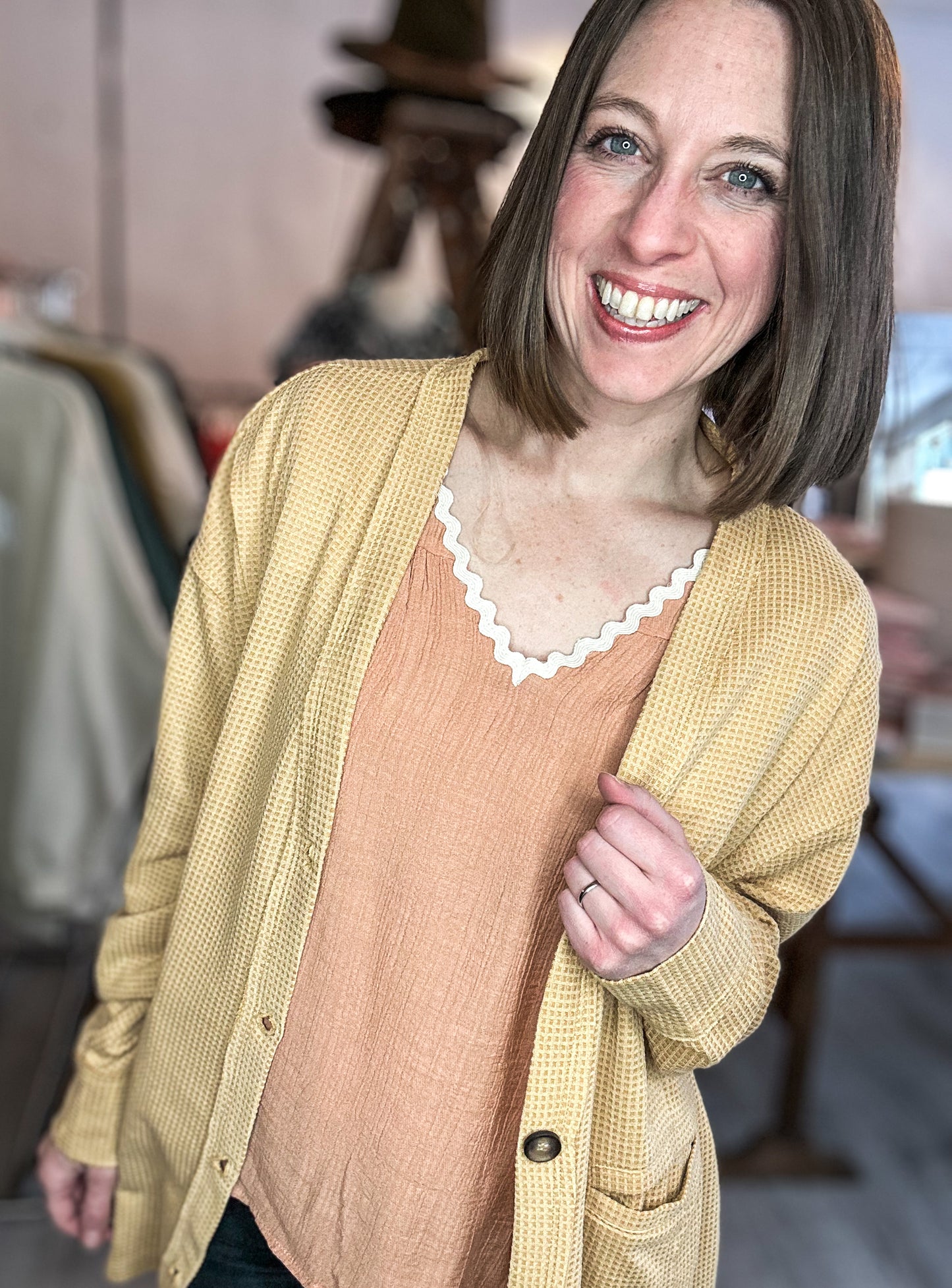 Wavy Trim Ruffle Sleeve Blouse in Dusty Peach