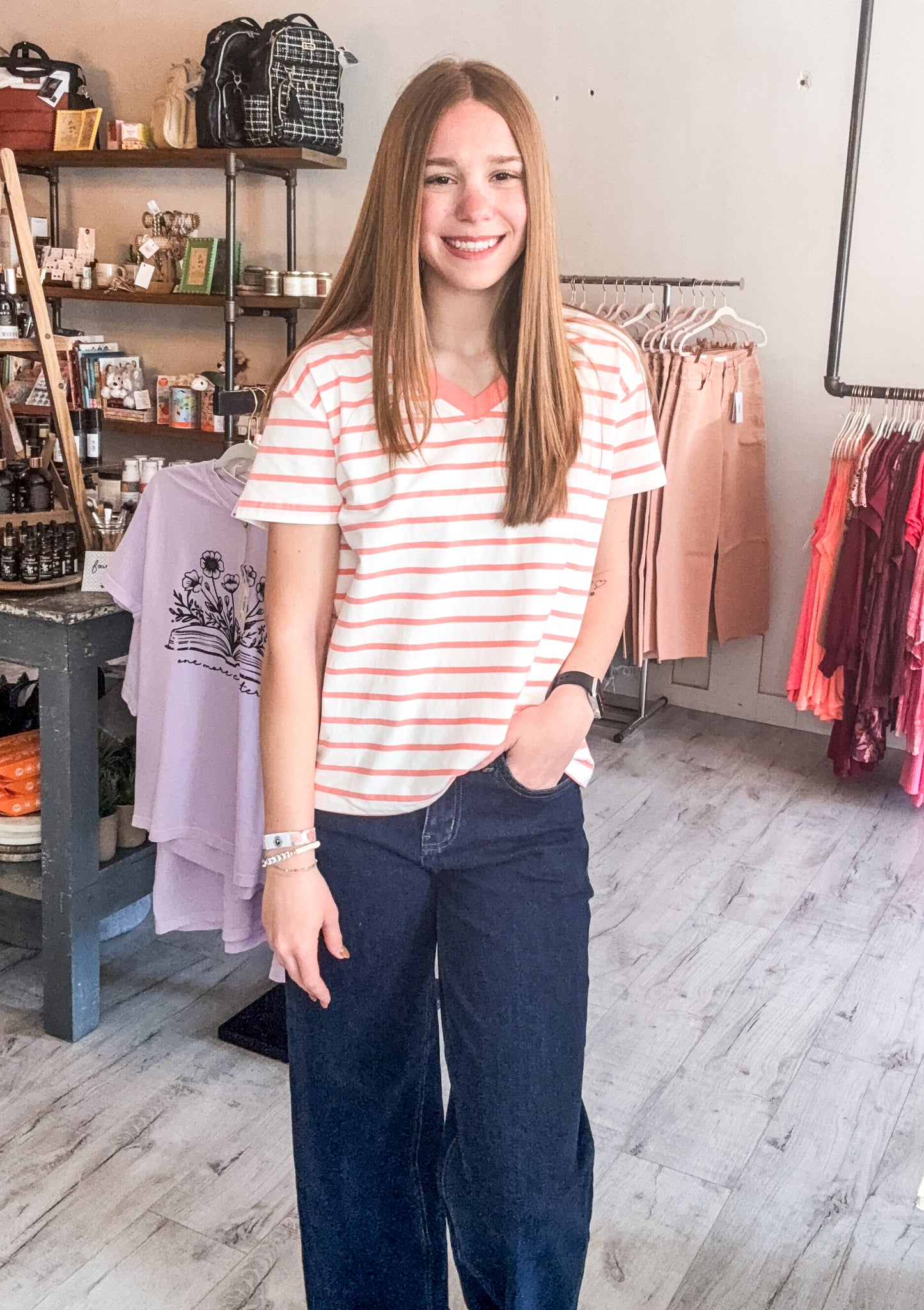 Striped V-Neck in Coral