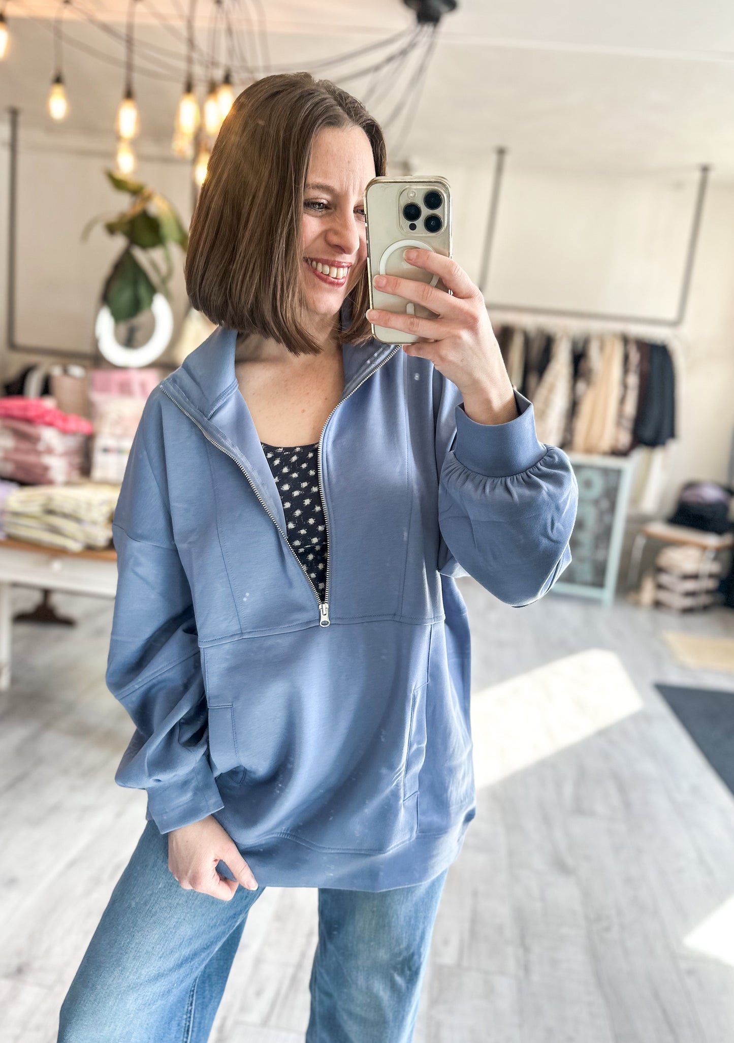 Half Zip UP Oversized Casual Comfy Knit Top in Denim Blue