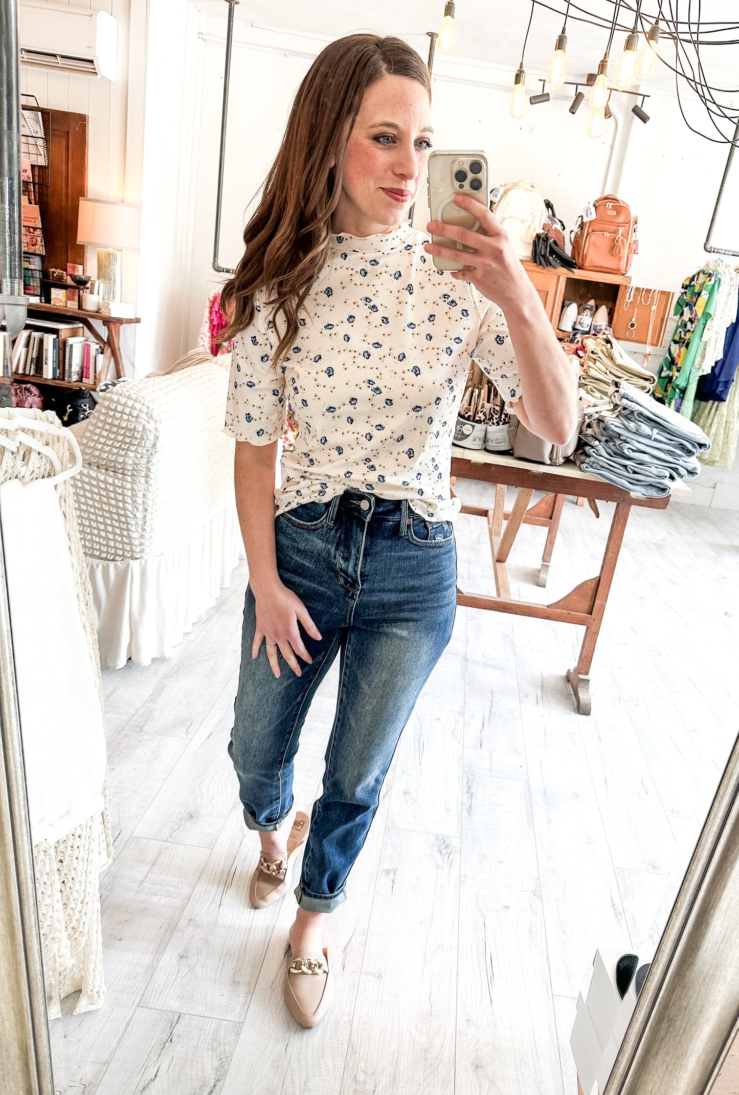 Ribbed Knit Floral Top in Cream and Blue