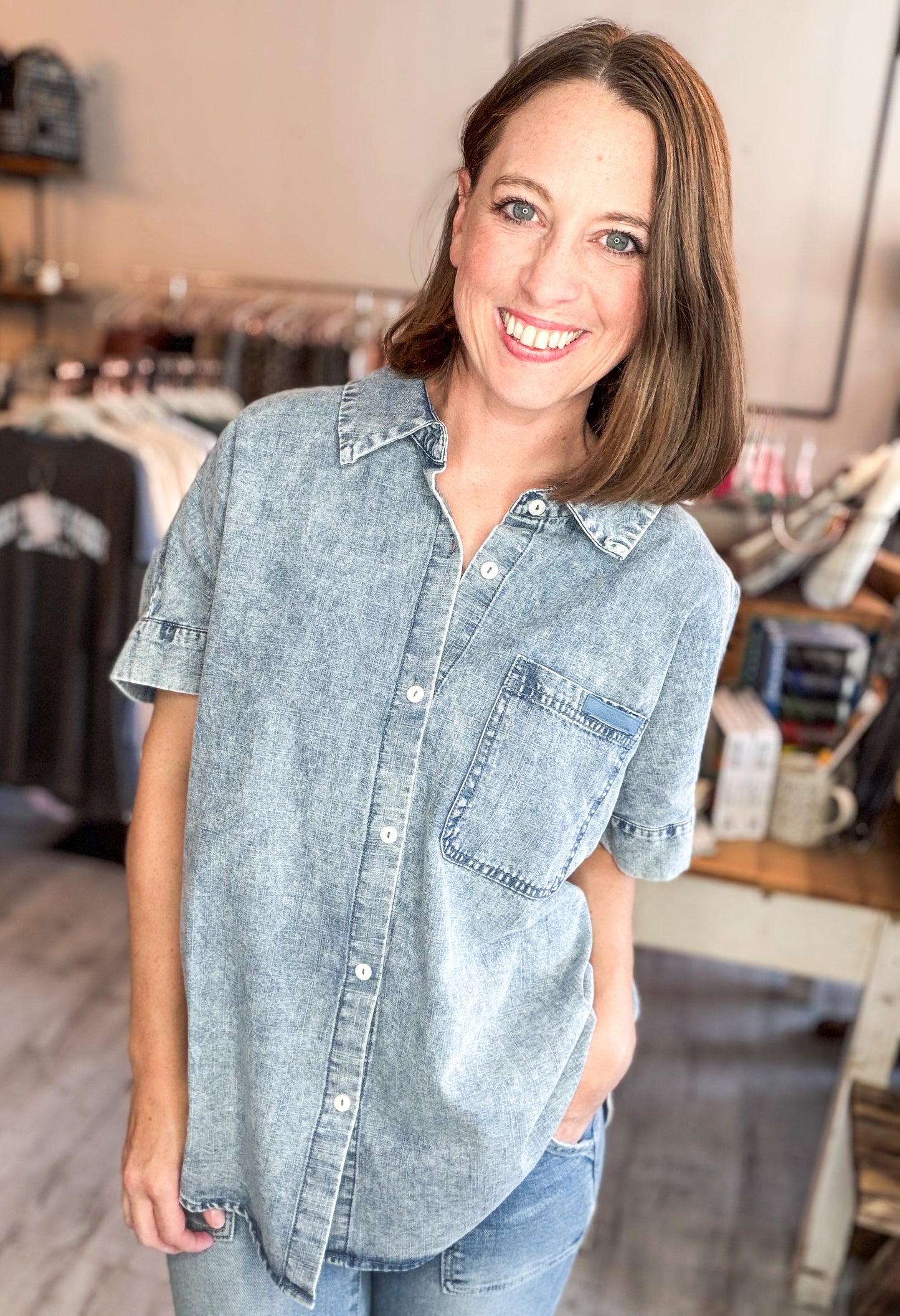 Mineral Washed Chambray Oversized Shirt Top in Indigo