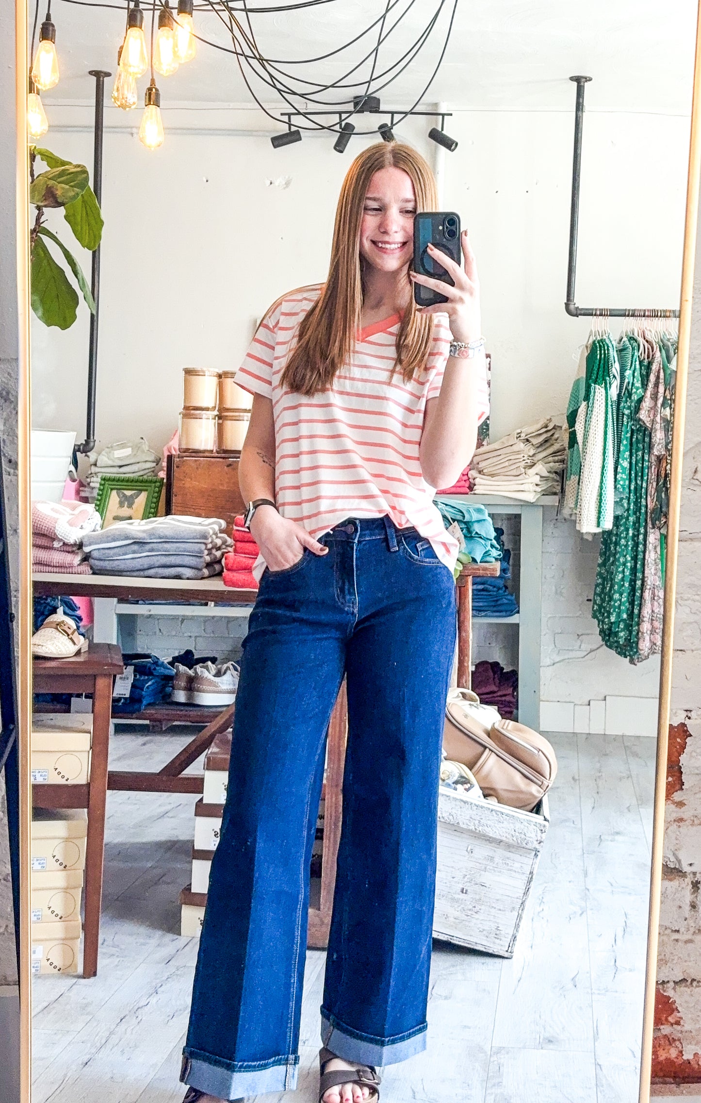 Striped V-Neck in Coral