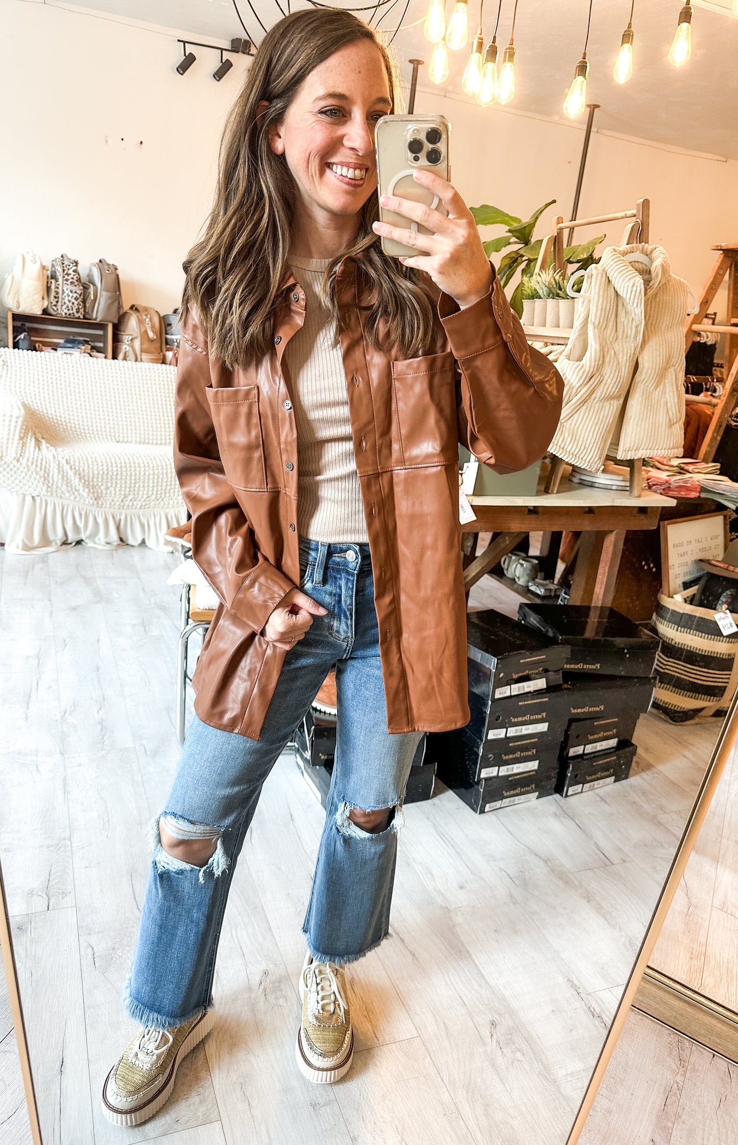 Faux Leather Button Down in Rich Cognac