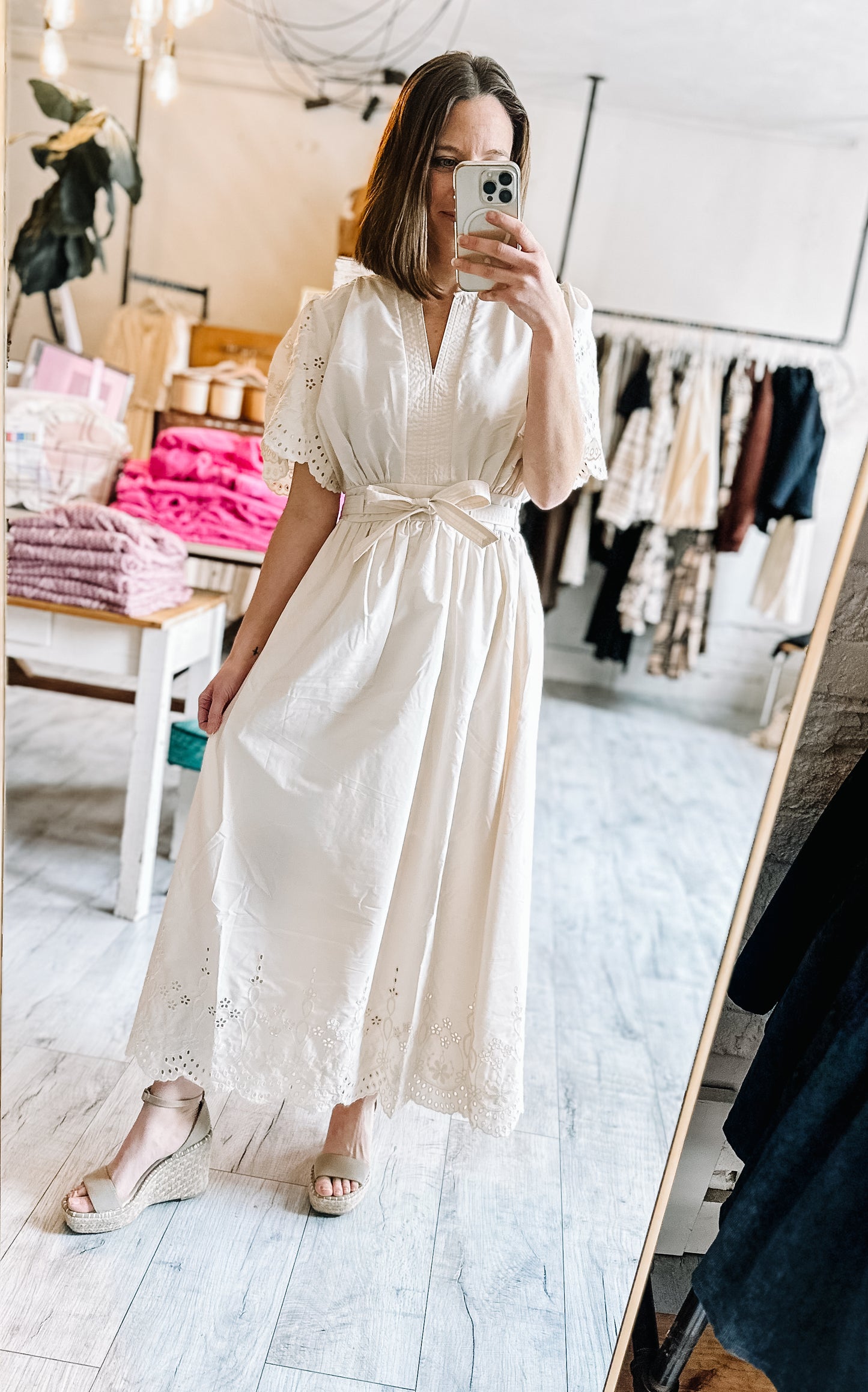 Embroidered Eyelet Belted Mid Dress in Champaign Ivory