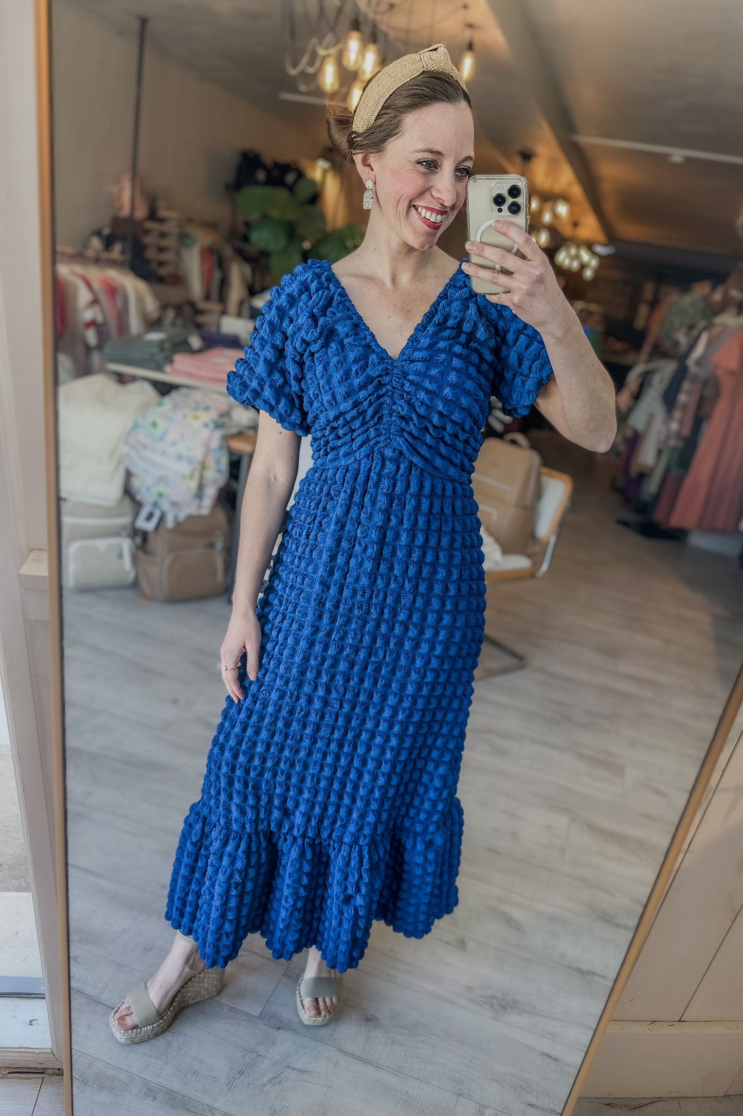 Whimsy Textured Short Sleeve V-Neck Midi Length Dress in Sapphire