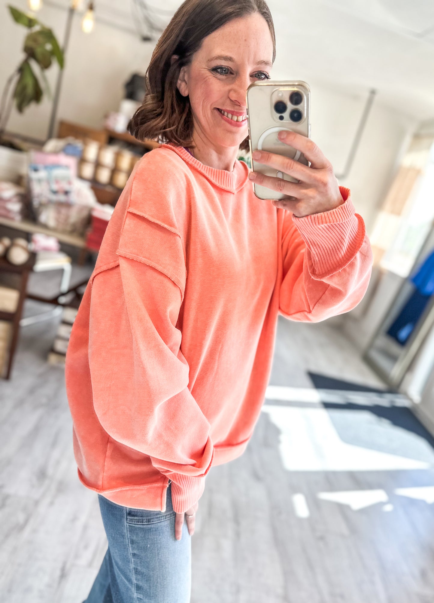 Acid Wash Exposed Seam Sweatshirt in Coral