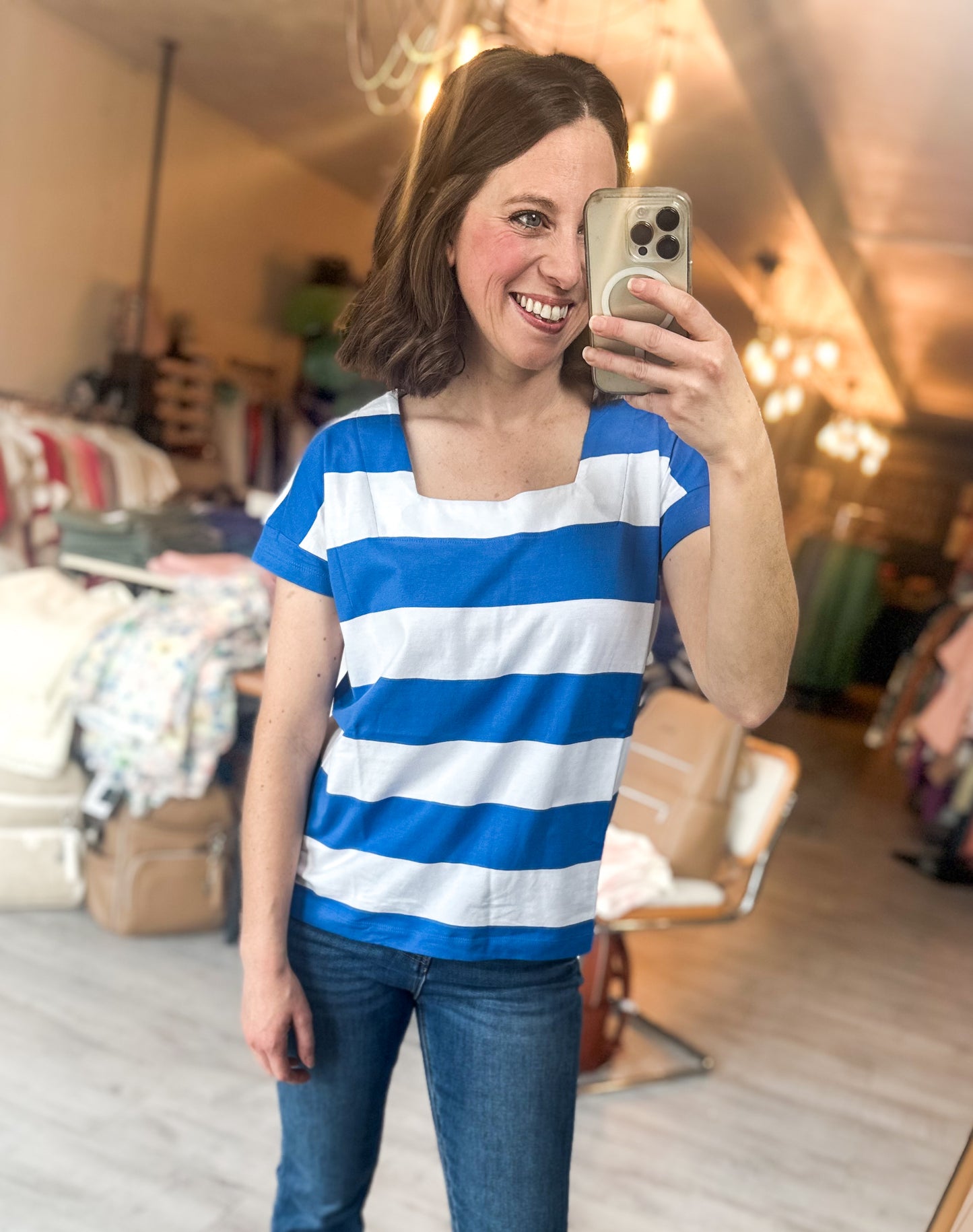 All Angles Square Neck Striped Tee in Bright Blue