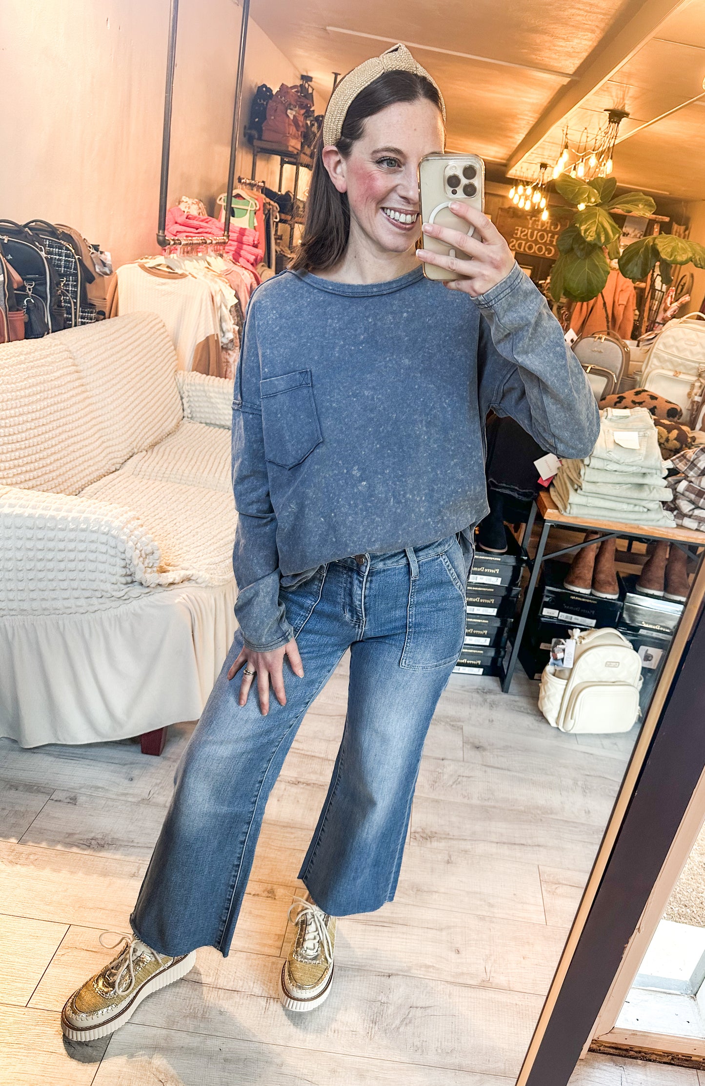 Mineral Washed Casual Knit Top in Denim Blue