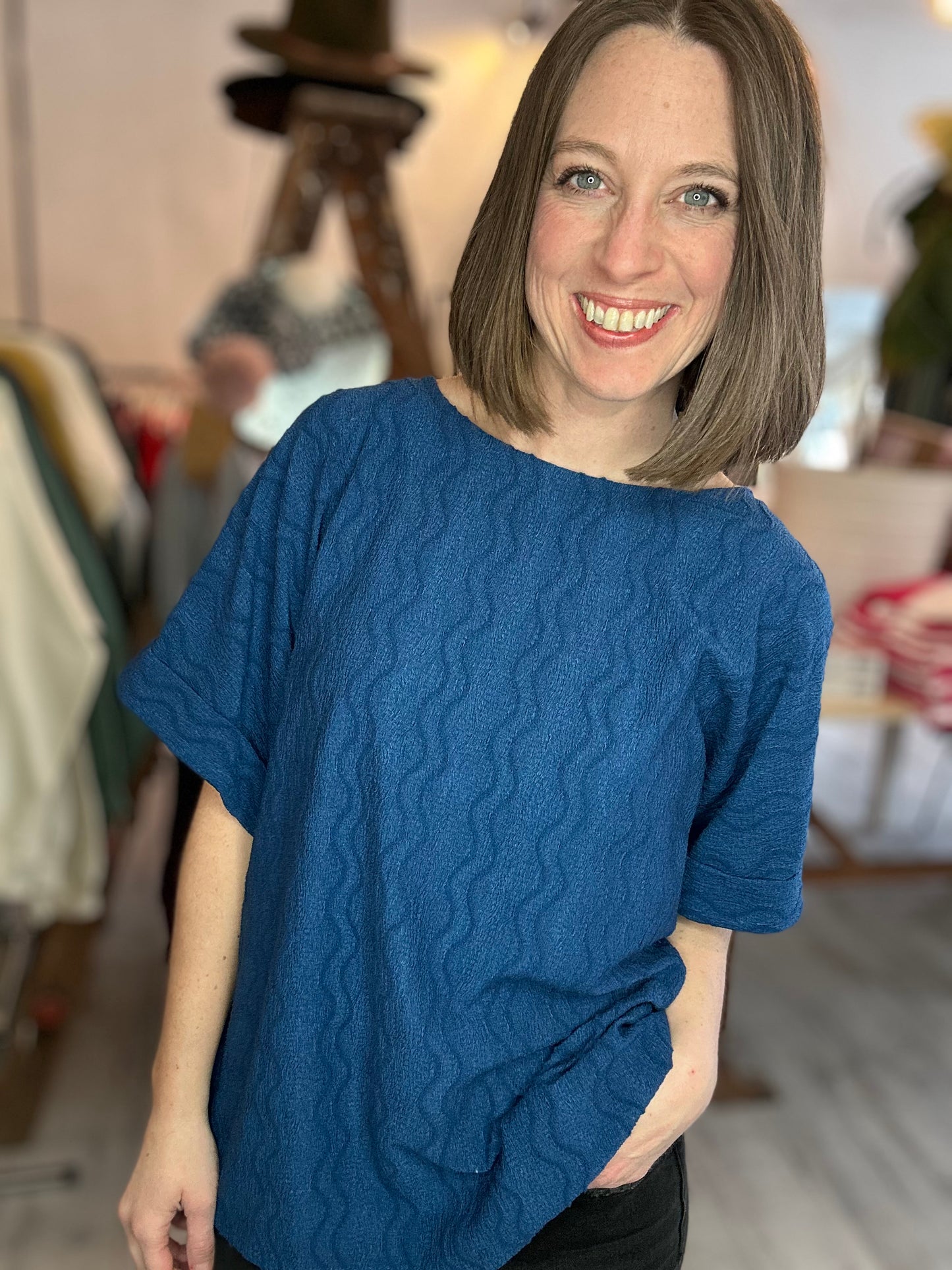 Textured Dolman Sleeve Top in Navy