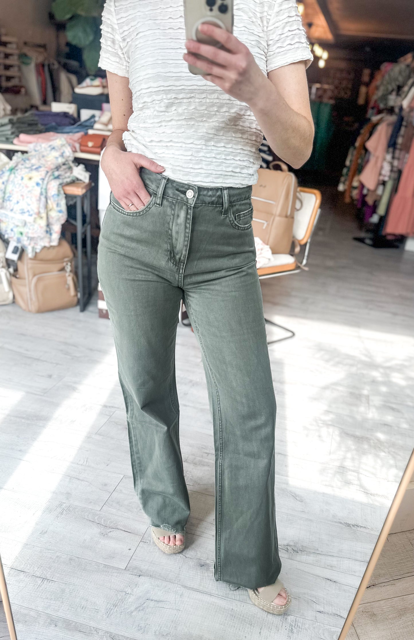 90'S Vintage Super High Rise Flare Jean in Thyme by Vervet