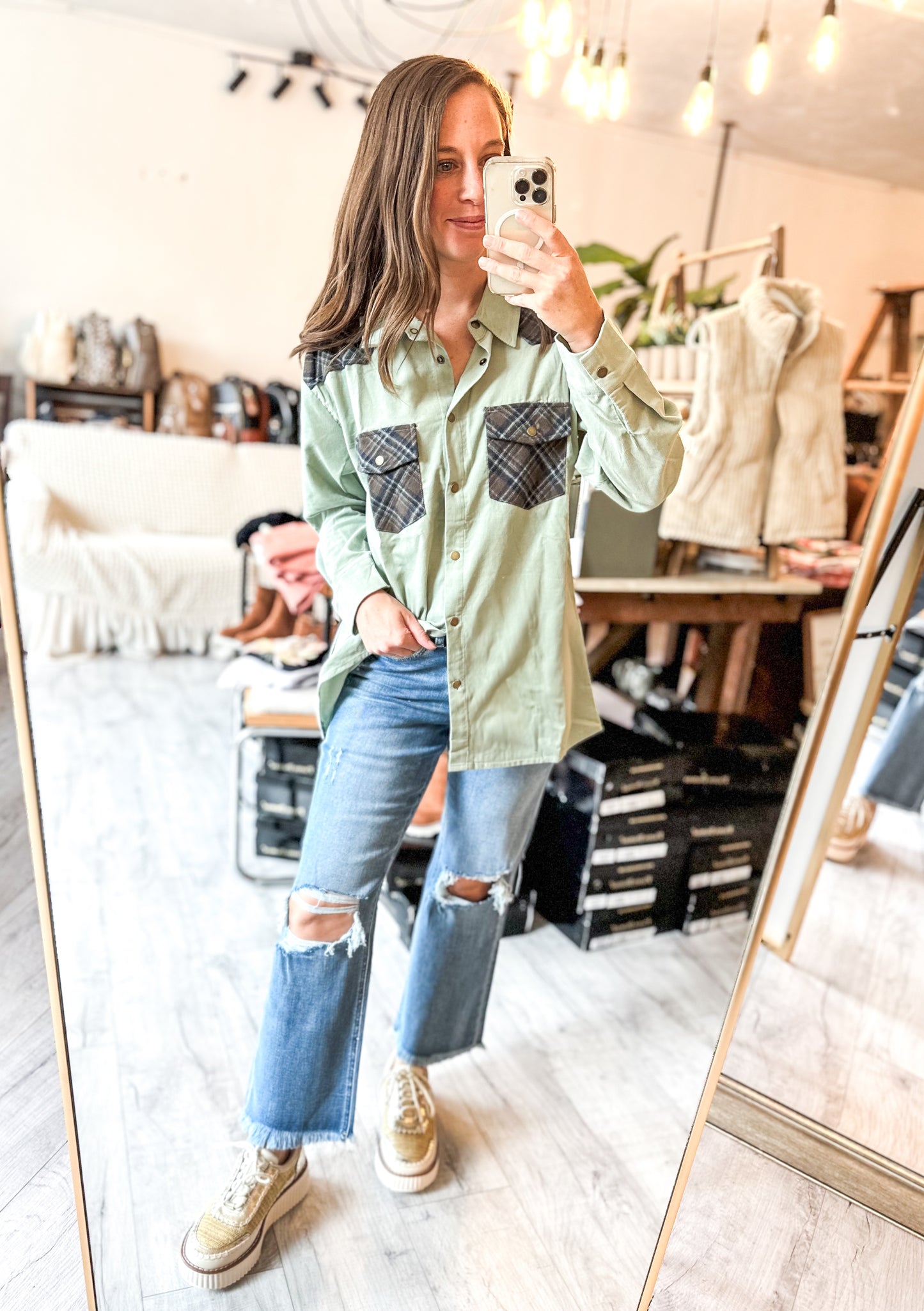 Corduroy Plaid Snap Western Top in Sage