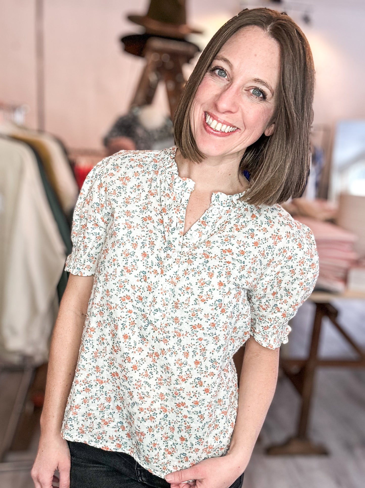 Aria Dainty Floral Print Short Sleeve Ruffle Neckline Blouse