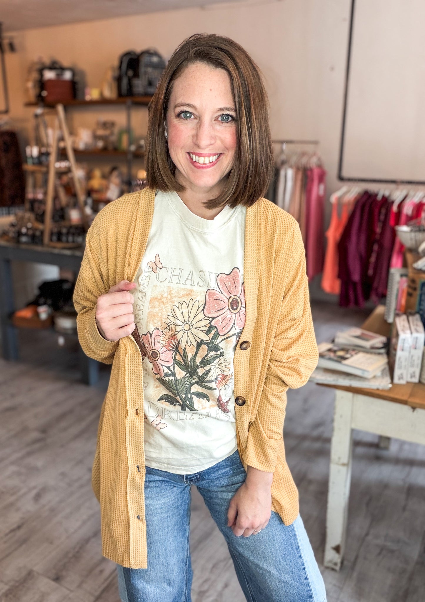 Two-Tone Charm Cardigan in Marigold and Magenta