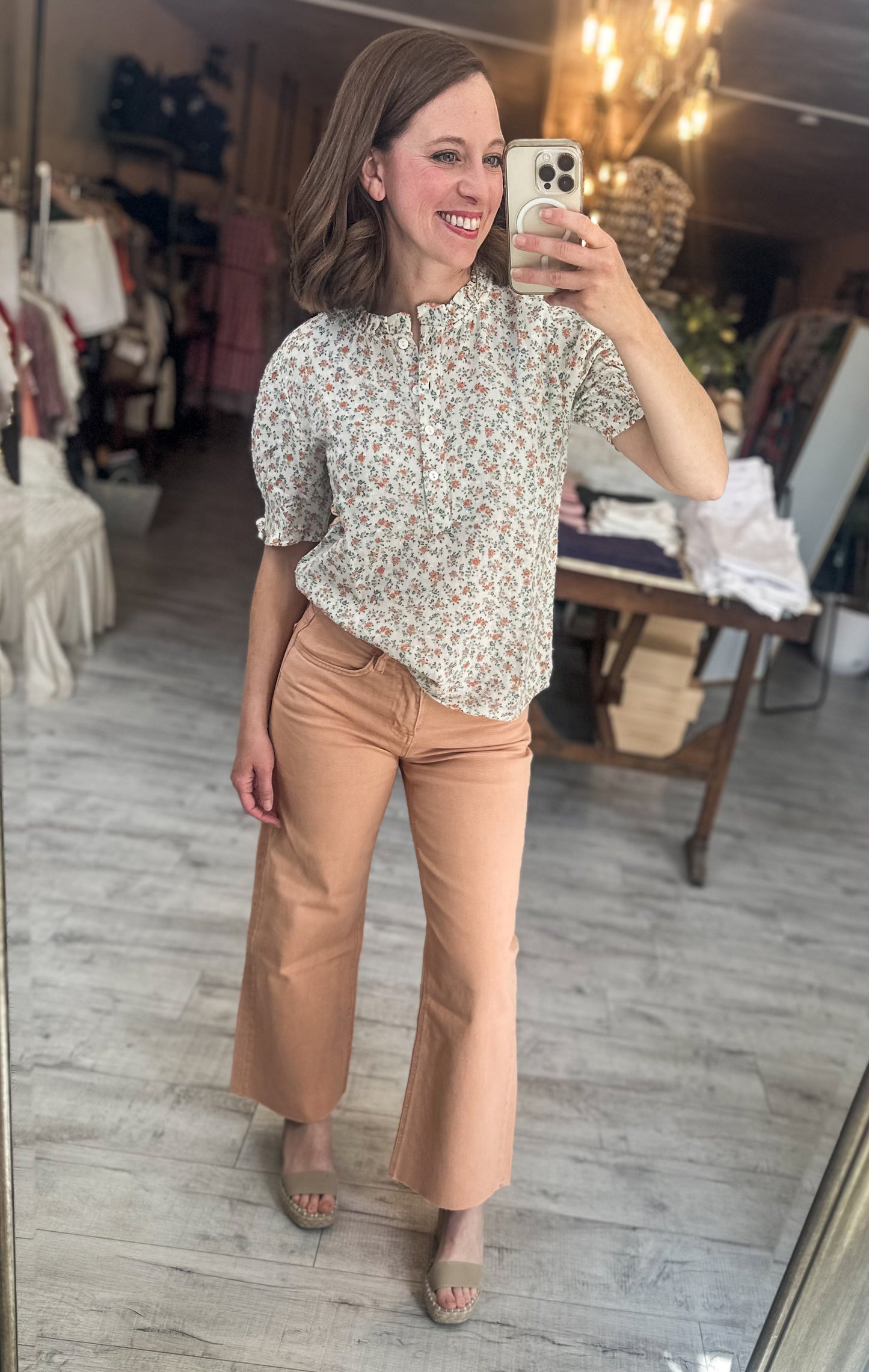 Aria Dainty Floral Print Short Sleeve Ruffle Neckline Blouse
