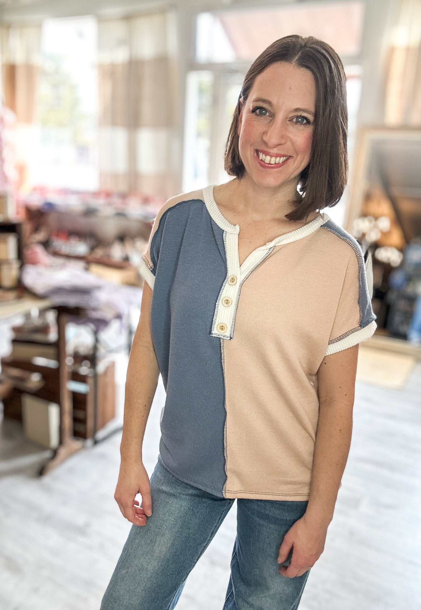 Ribbed Color Block Button front Short Sleeves Top in Denim Blue