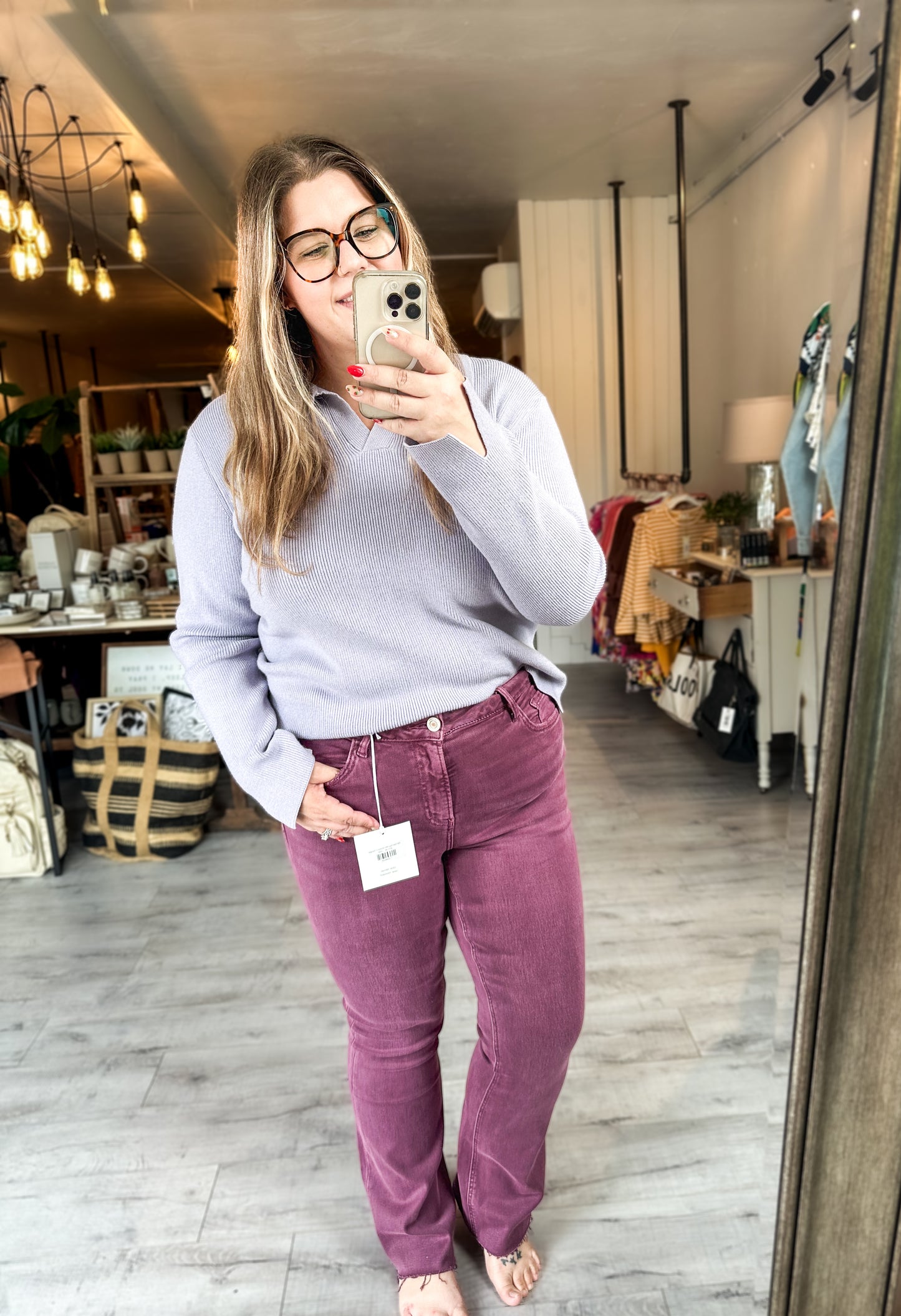 Mid Rise Raw Hem Bootcut in Sangria