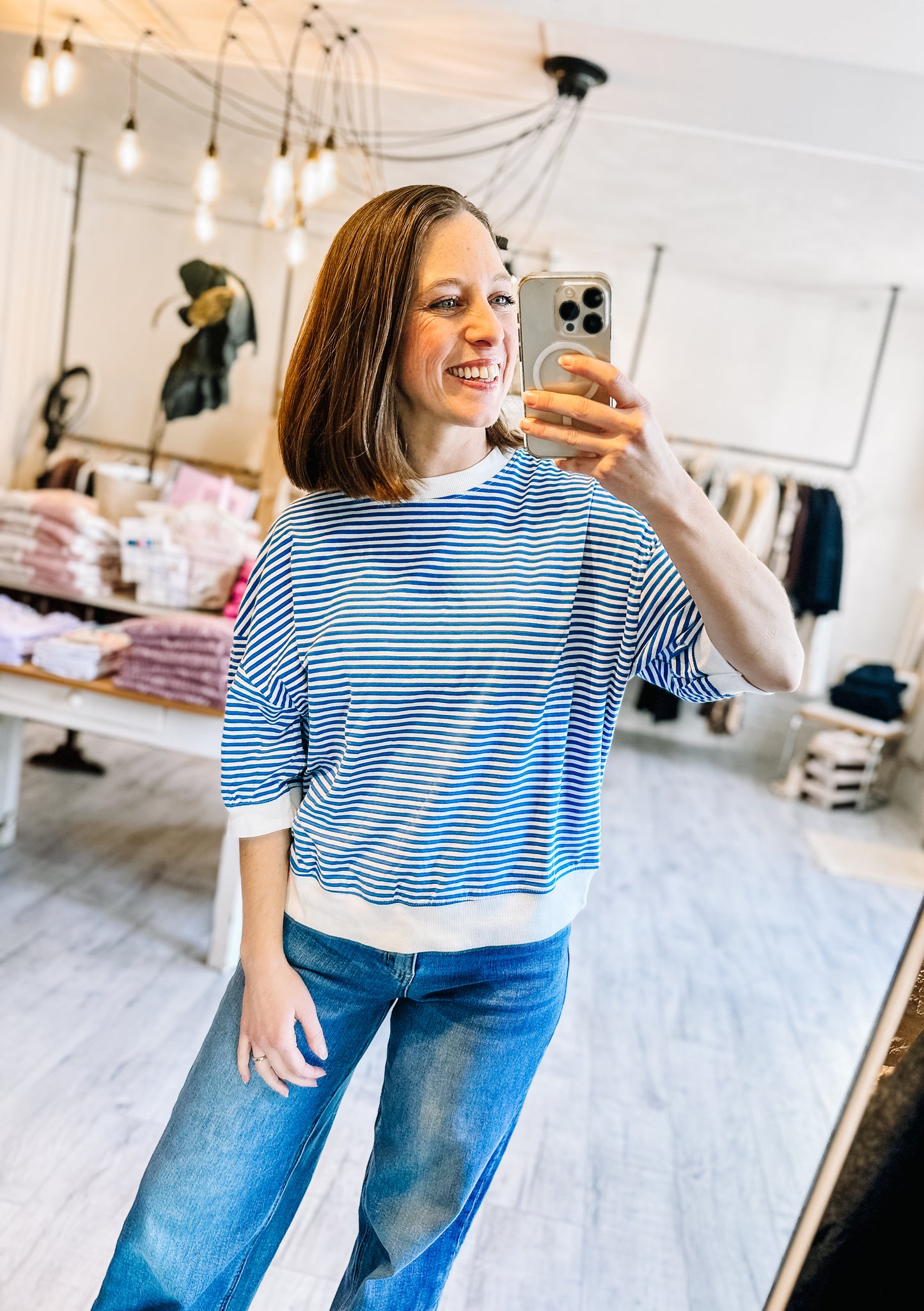 Striped Short Sleeve Top in Ocean Blue