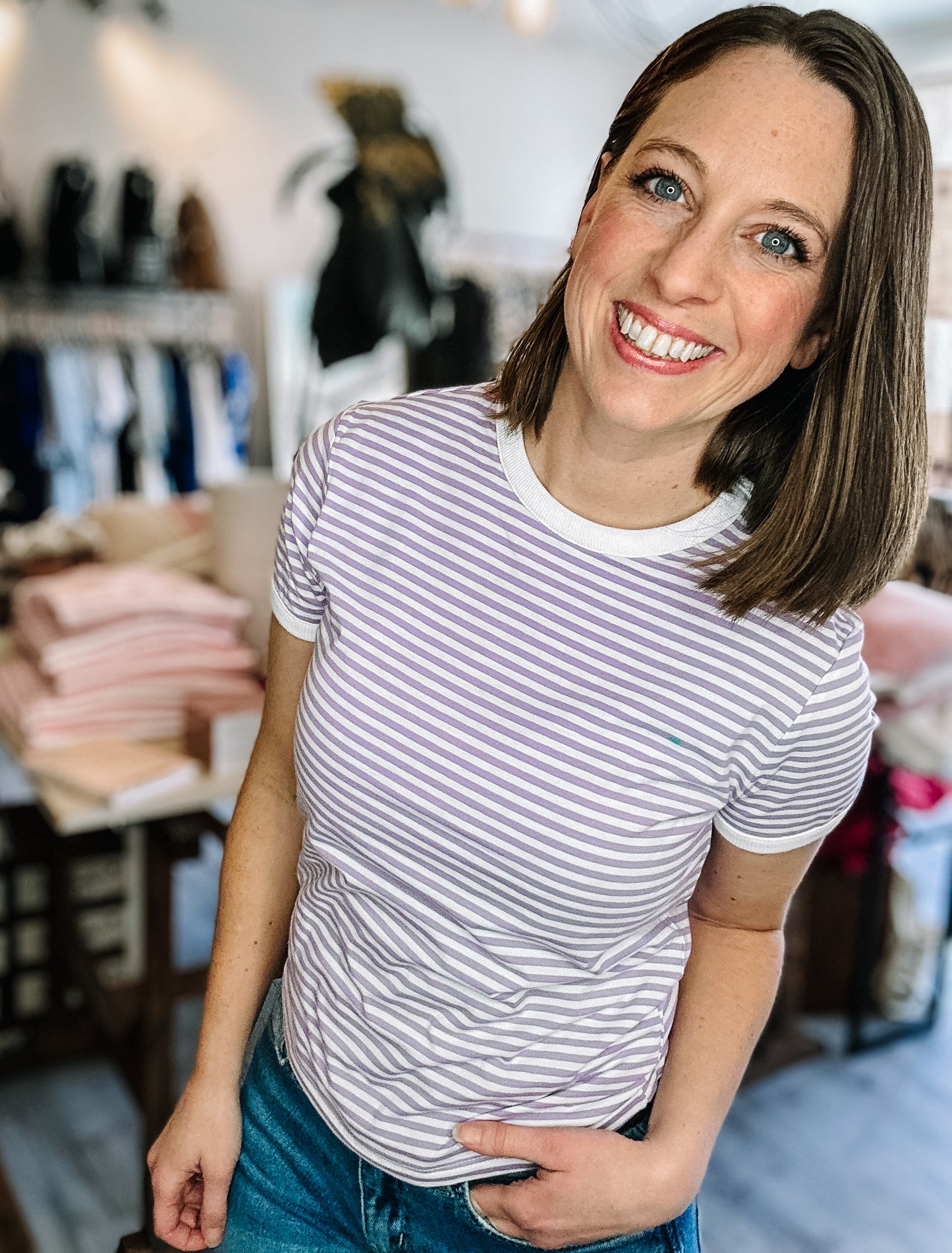 Striped Contrast Trim Tee in Kelly Green & Lavender