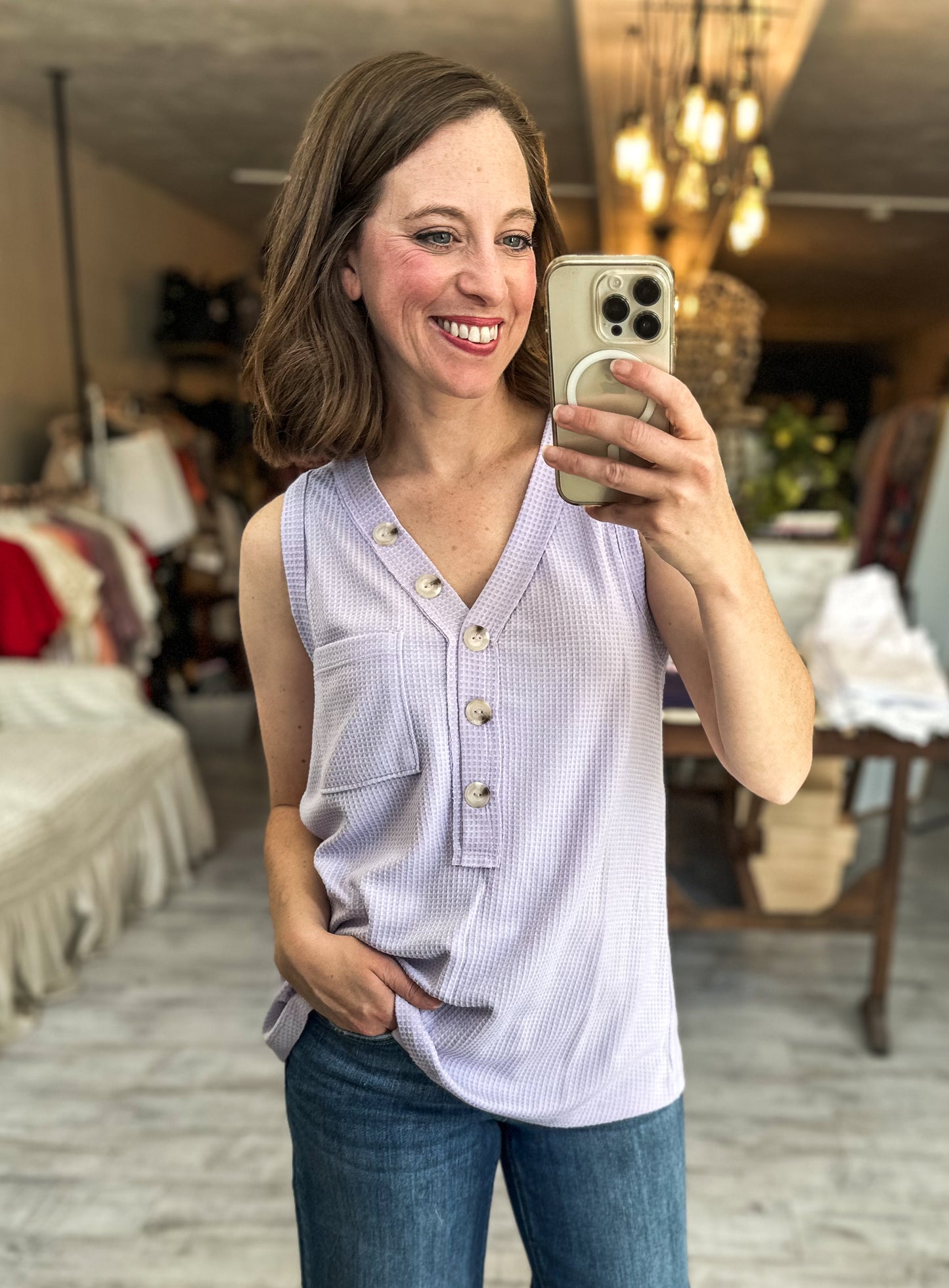 Sleeveless Waffle Top With Button Top in Lilac Mist