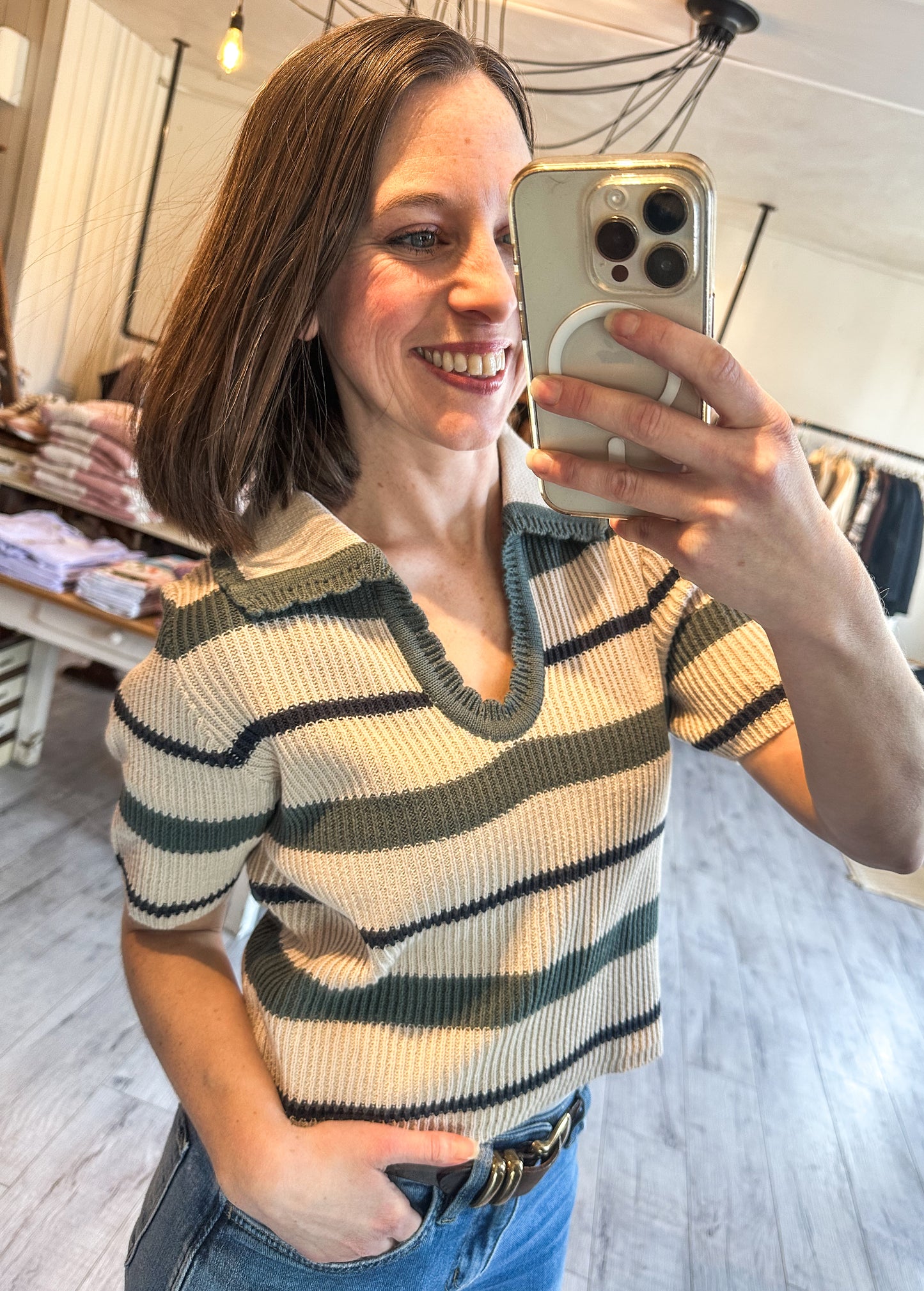 Collared Striped Sweater in Ash Jade