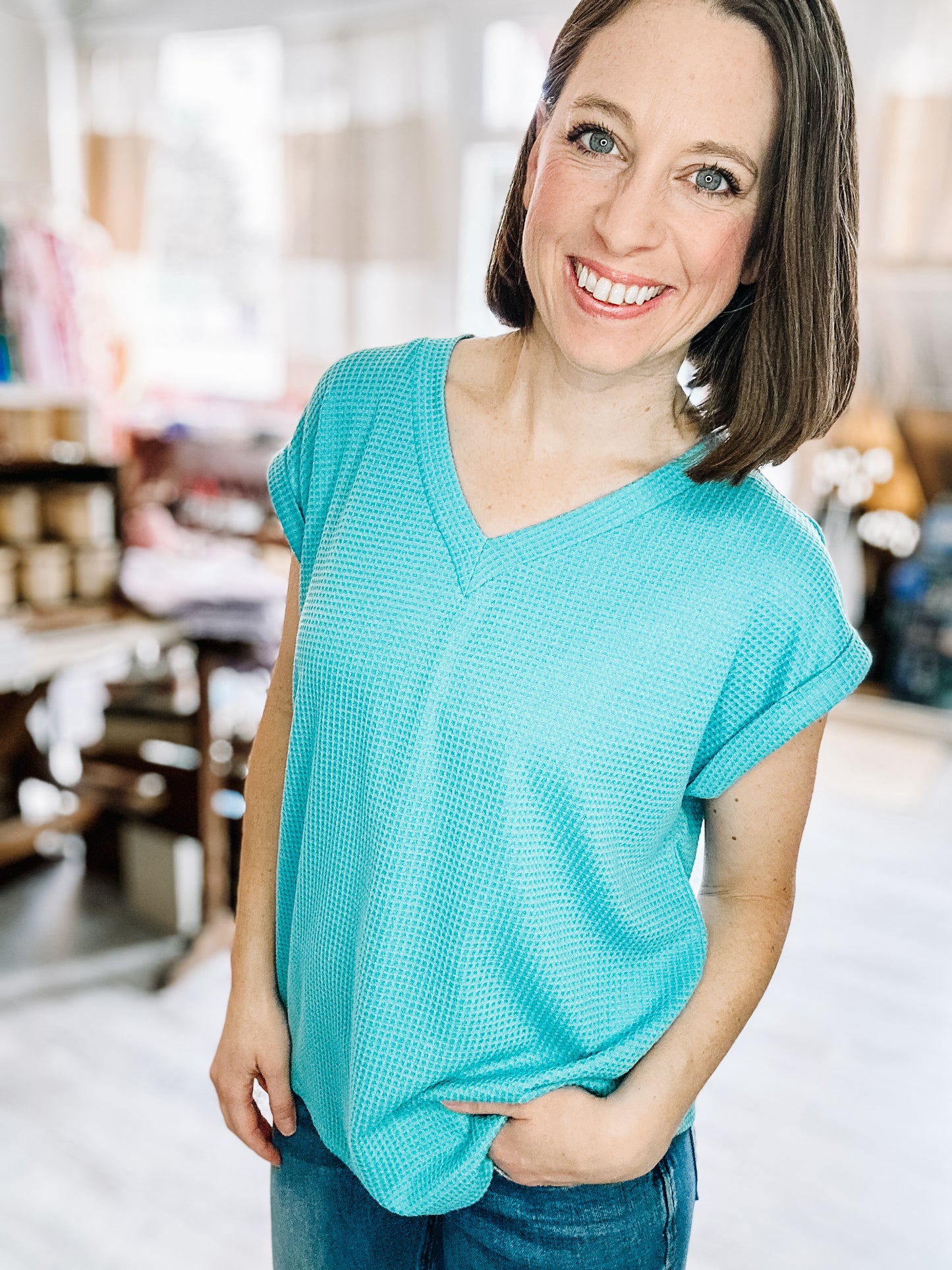 Two-Tone Dolman Sleeve Top in Teal