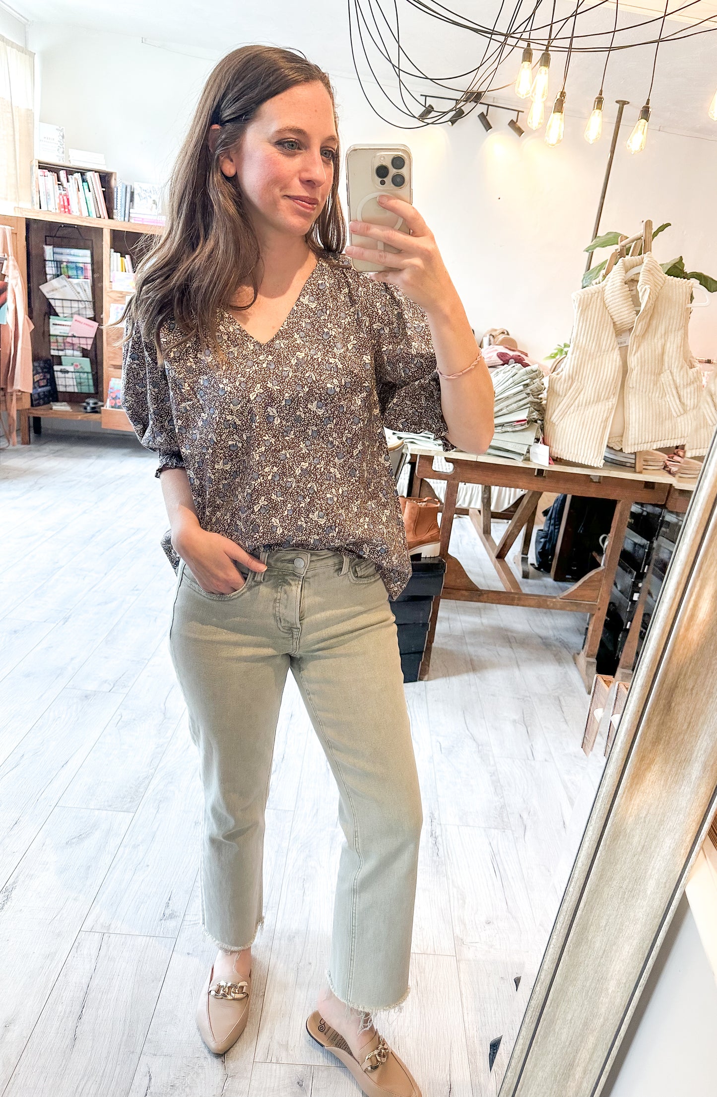 V Neck Smocked Sleeve Blouse in Ash Mocha and Blue