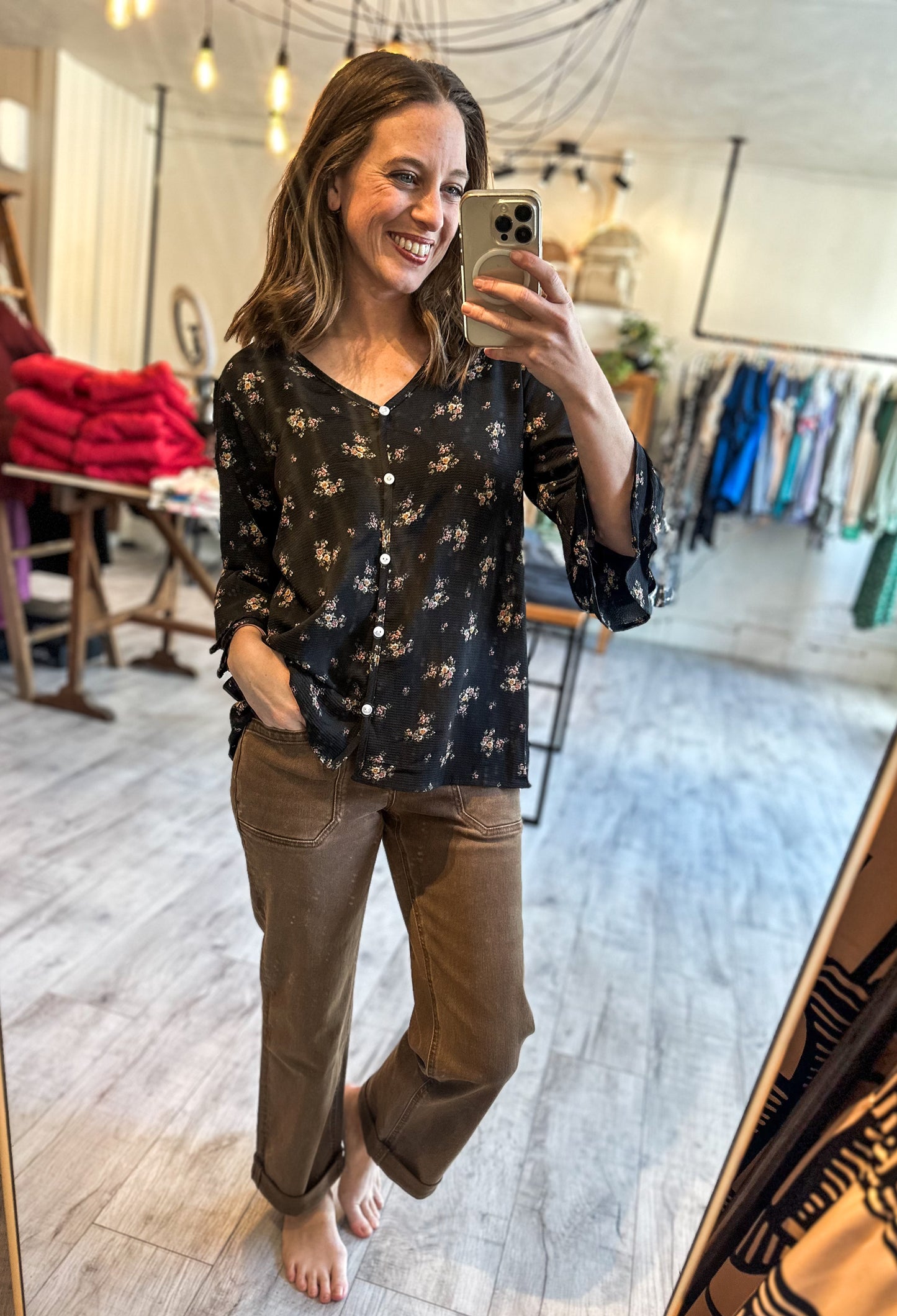 Floral Button Top in Black