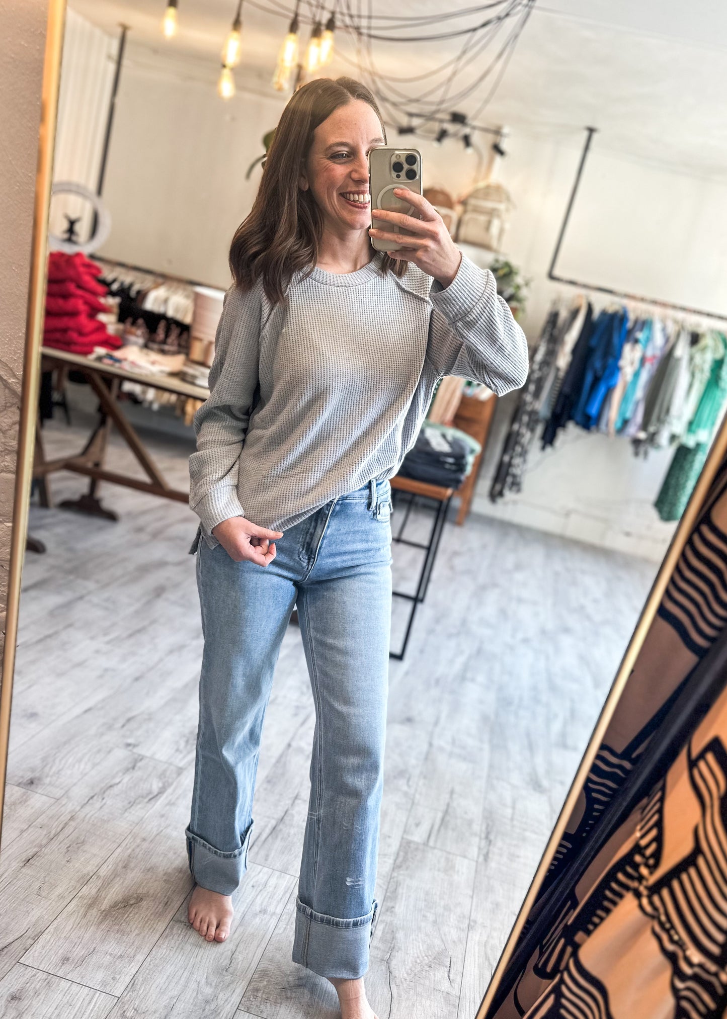 High Rise Medium Light Wash Cuffed Slim Wide Leg by Flying Monkey